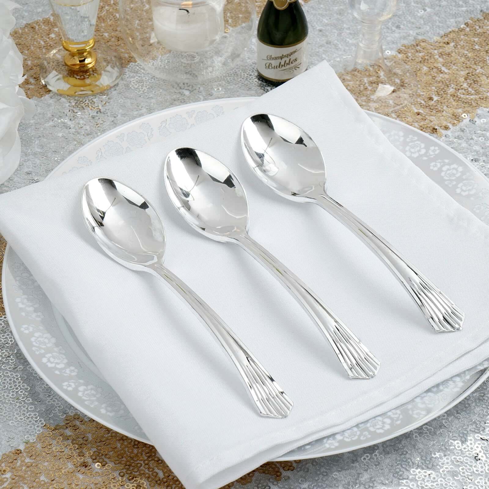 25-Pack Plastic Spoons 7" Silver Heavy Duty with Fluted Handles - Disposable Utensils
