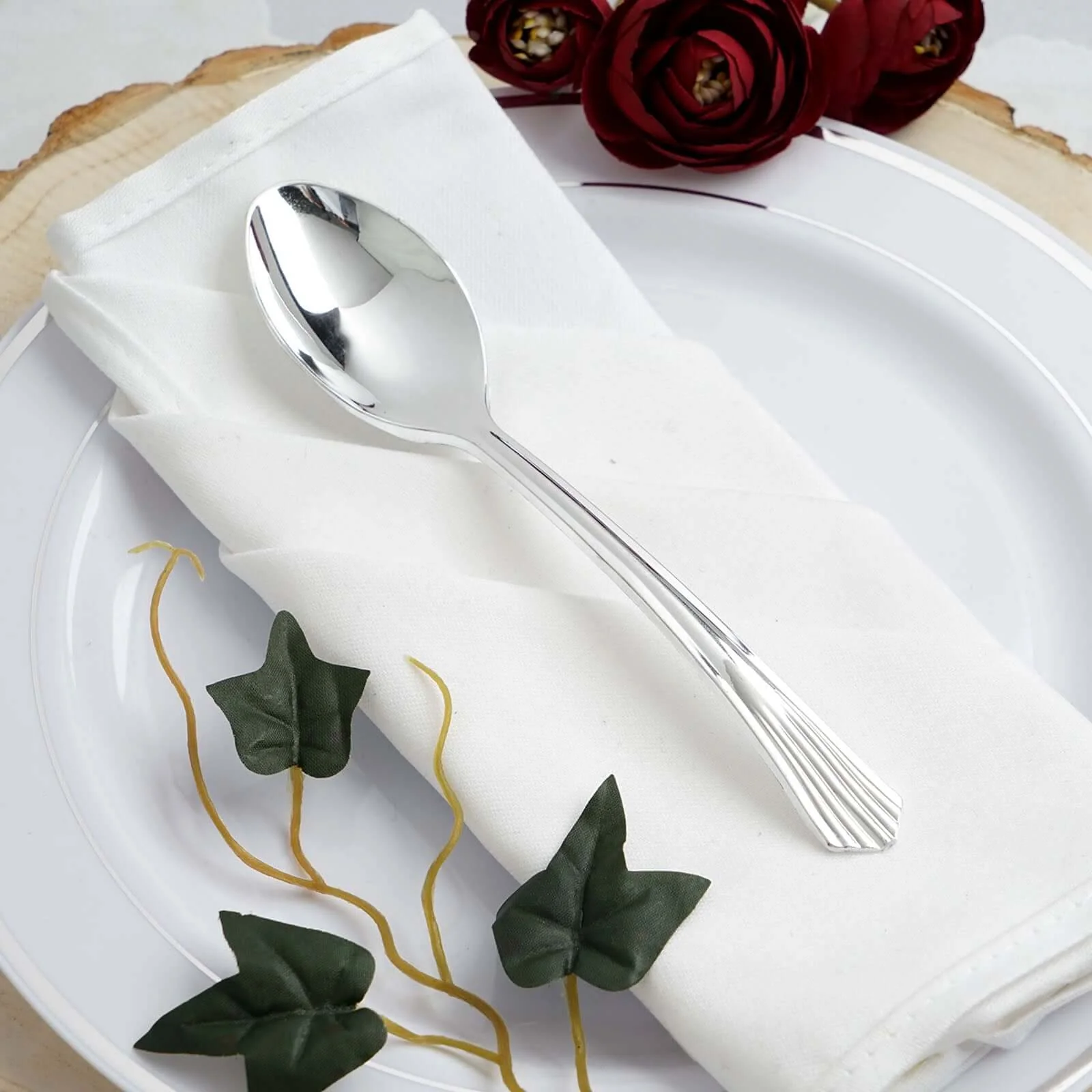 25-Pack Plastic Spoons 7" Silver Heavy Duty with Fluted Handles - Disposable Utensils - Image 11