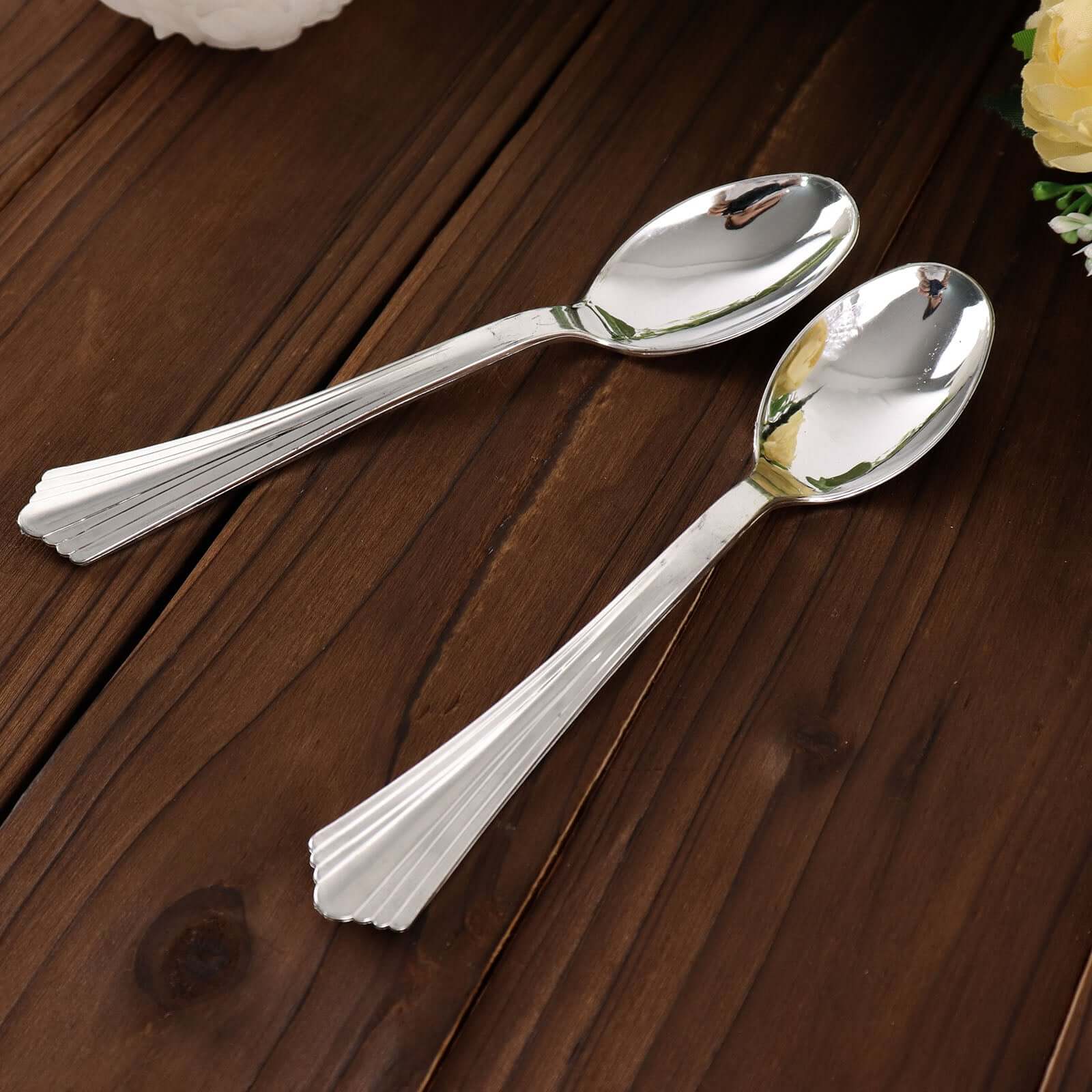 25-Pack Plastic Spoons 7" Silver Heavy Duty with Fluted Handles - Disposable Utensils - Image 17