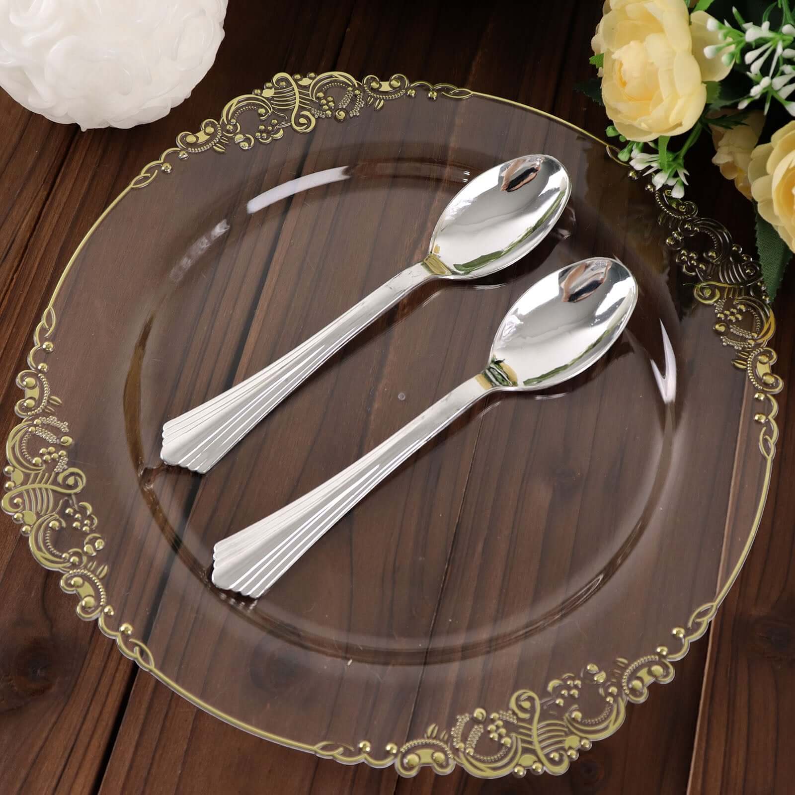 25-Pack Plastic Spoons 7" Silver Heavy Duty with Fluted Handles - Disposable Utensils - Image 4