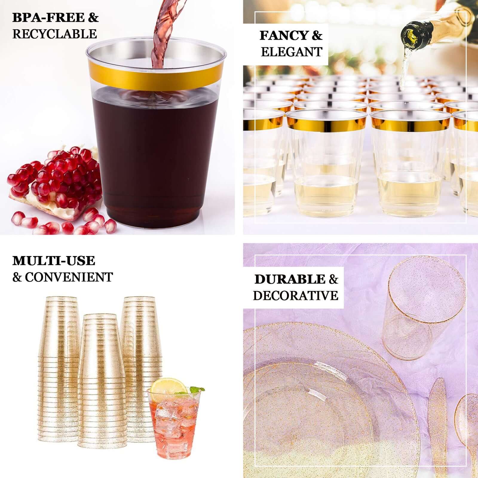 25-Pack Plastic Tumbler Cups 10oz Amber Gold with Gold Rim - Disposable Crystal Drinking Glasses for Parties - Image 4