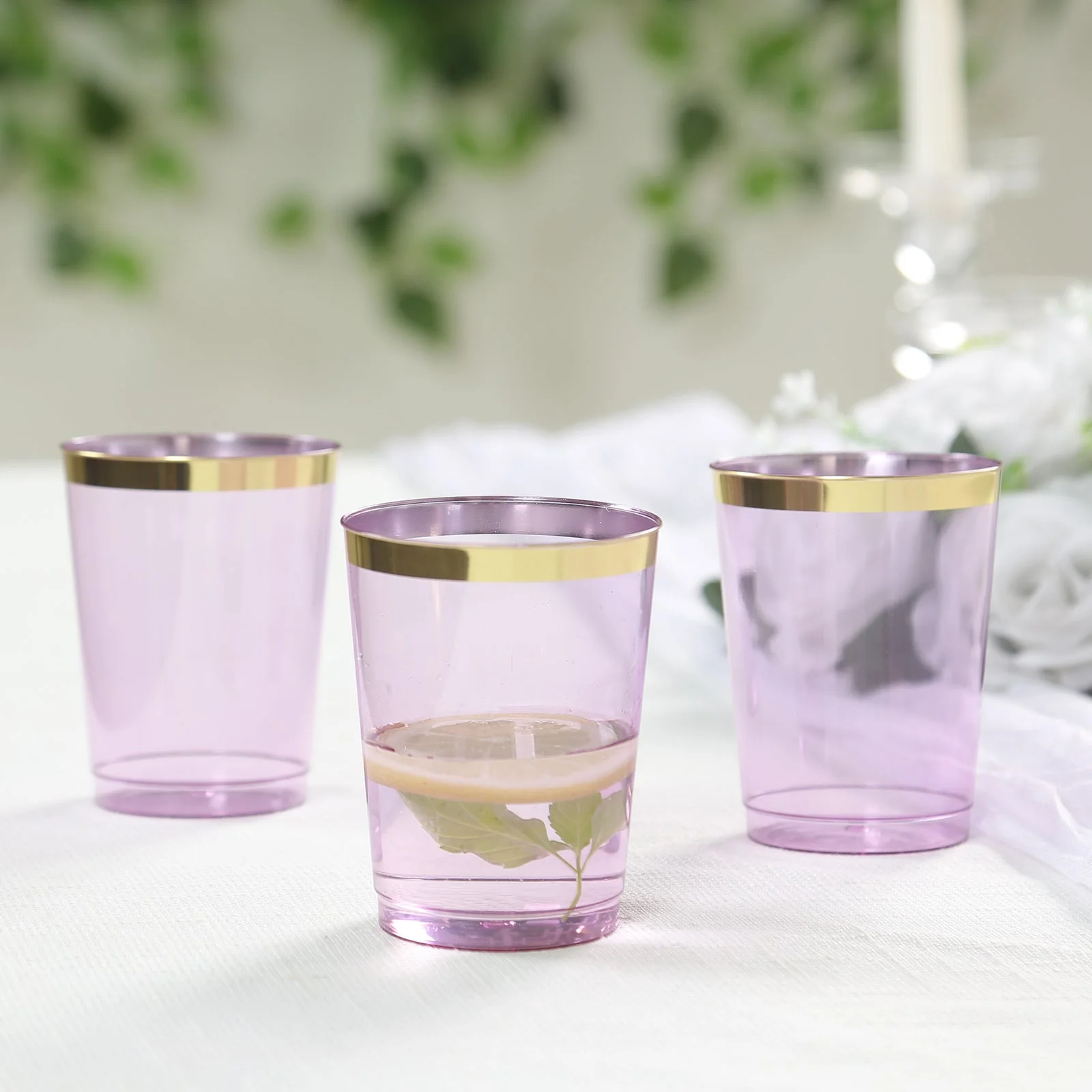 25-Pack Plastic Tumbler Cups 10oz Transparent Purple with Gold Rim - Disposable Crystal Drinking Glasses for Parties - Image 6