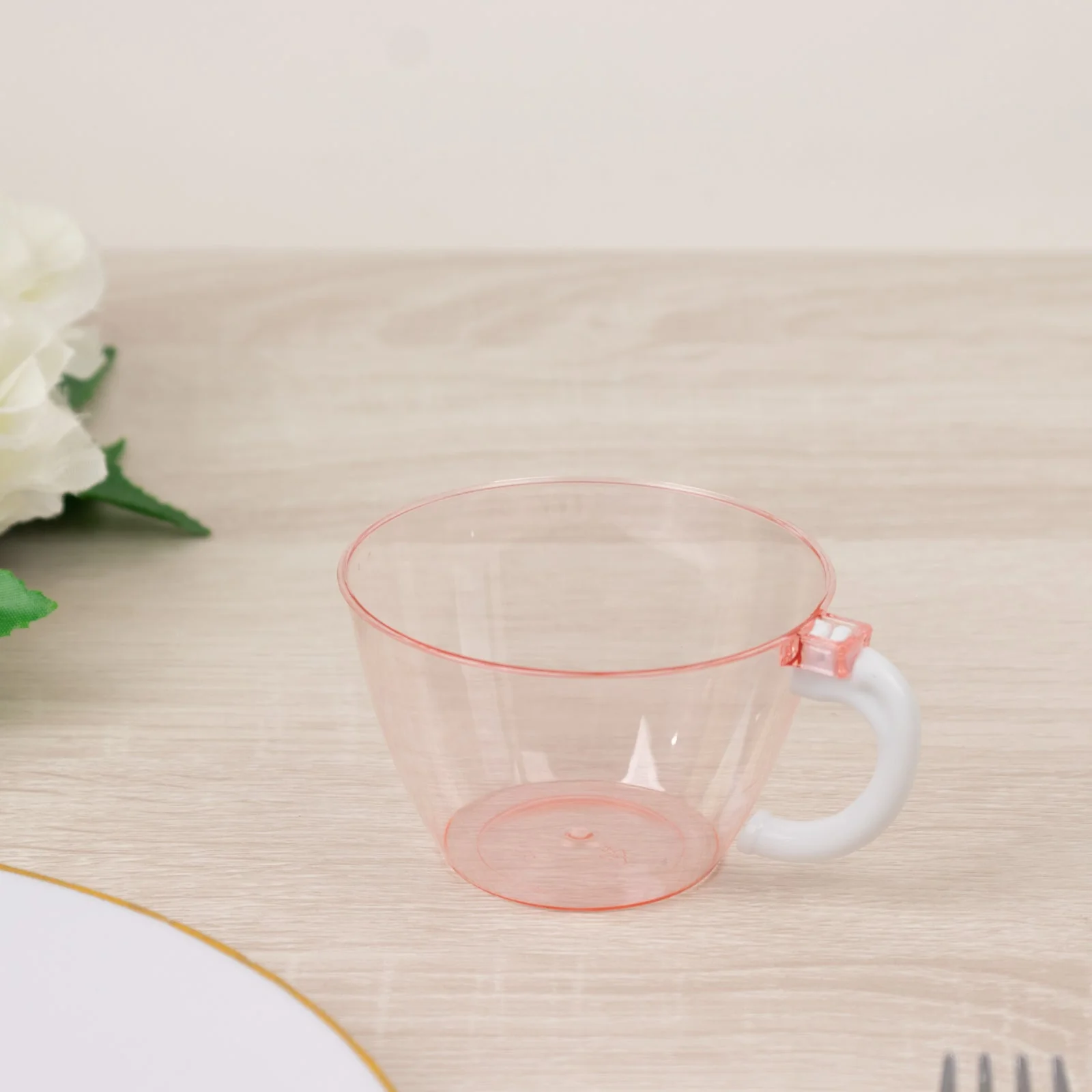 25-Pack Transparent Blush Plastic Coffee Cups with Handles 6oz - Hard Disposable Tea Mugs for Hot Drinks - Image 7