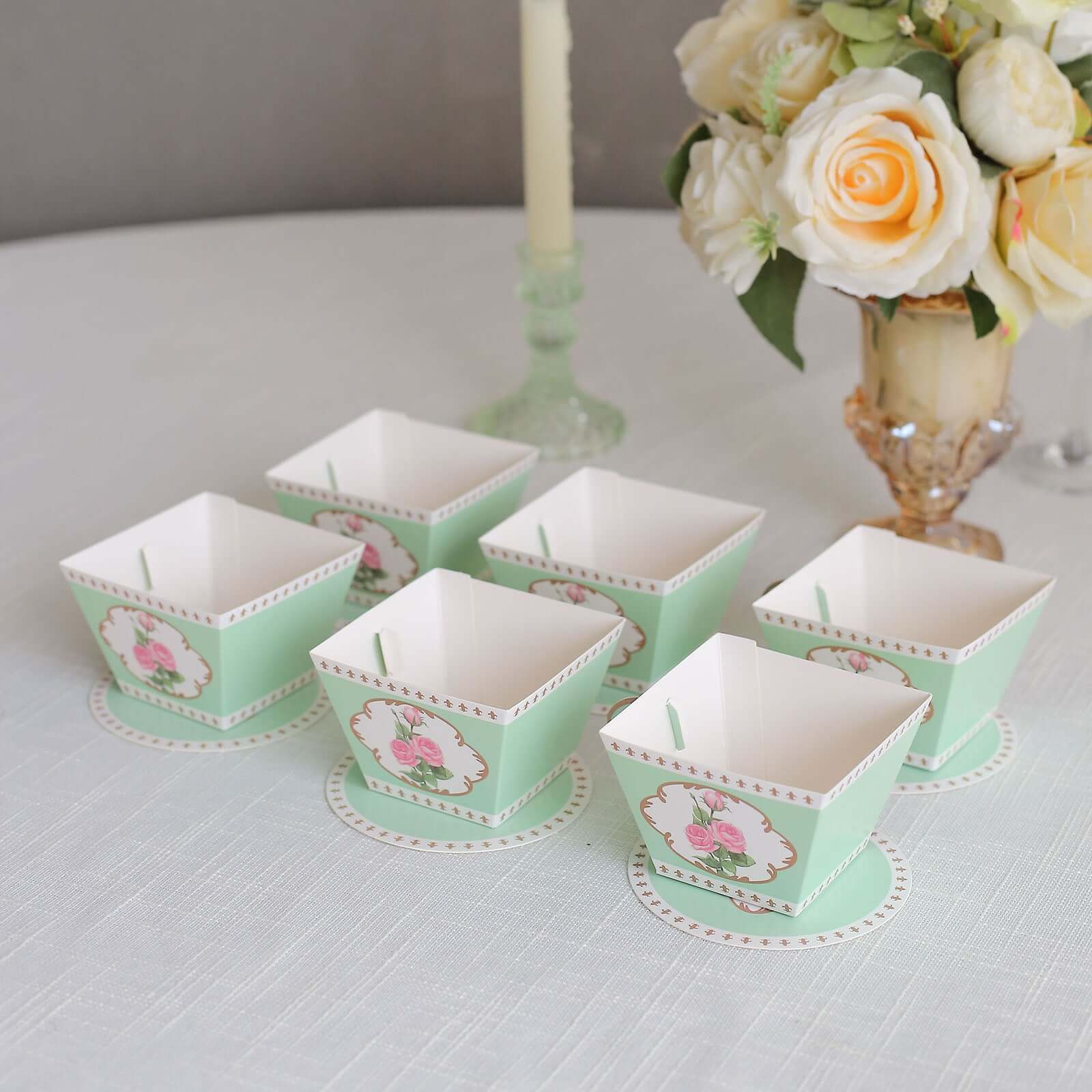 25 Pack Turquoise Mini Teacup and Saucer Gift Boxes with Rose Floral Print, Tea Time Party Favor Candy Boxes - 4"x3" - Image 10