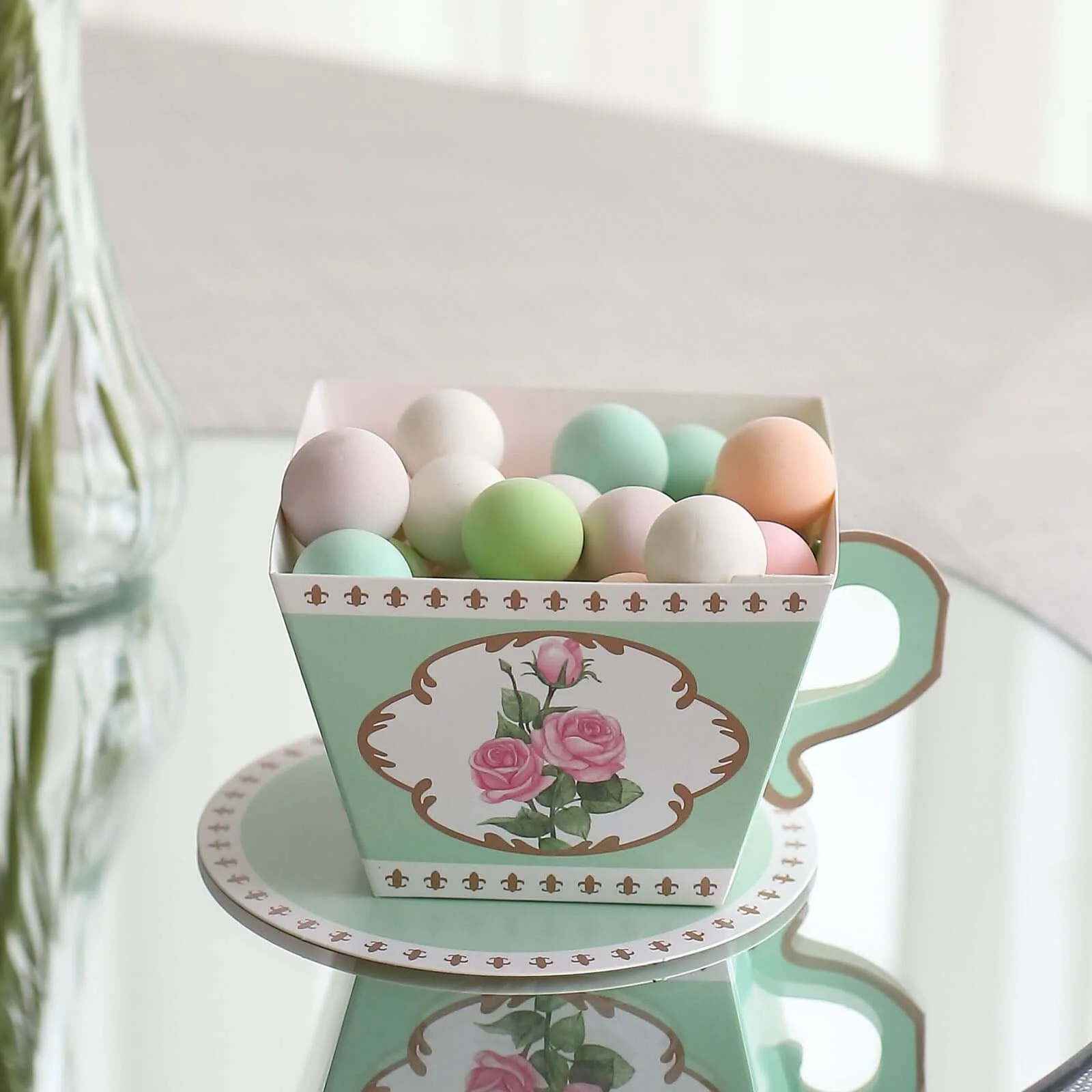 25 Pack Turquoise Mini Teacup and Saucer Gift Boxes with Rose Floral Print, Tea Time Party Favor Candy Boxes - 4"x3" - Image 12