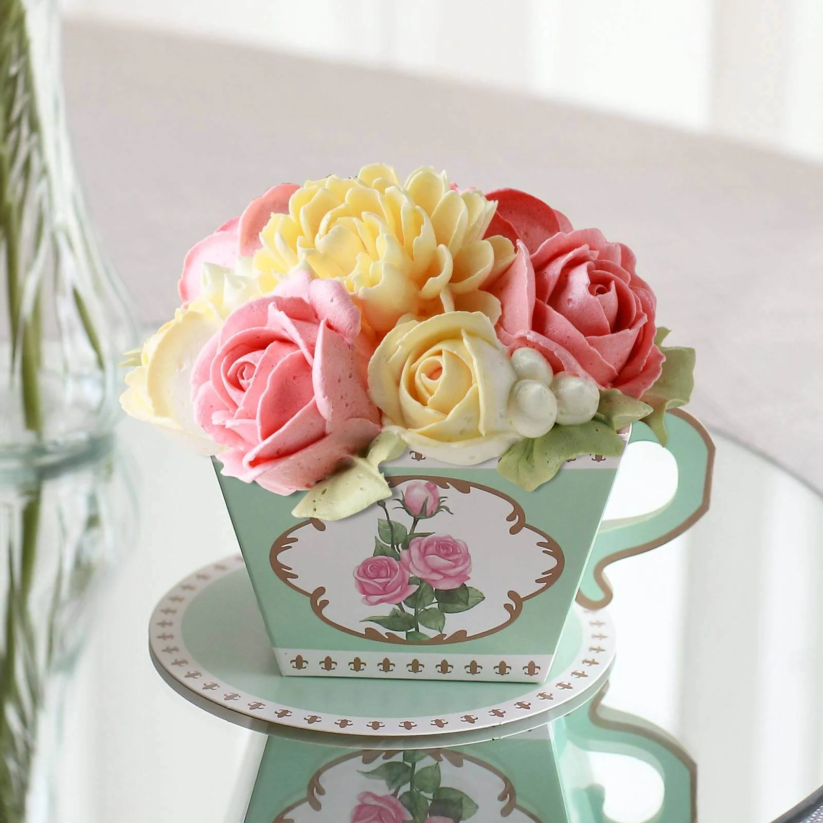25 Pack Turquoise Mini Teacup and Saucer Gift Boxes with Rose Floral Print, Tea Time Party Favor Candy Boxes - 4"x3" - Image 2