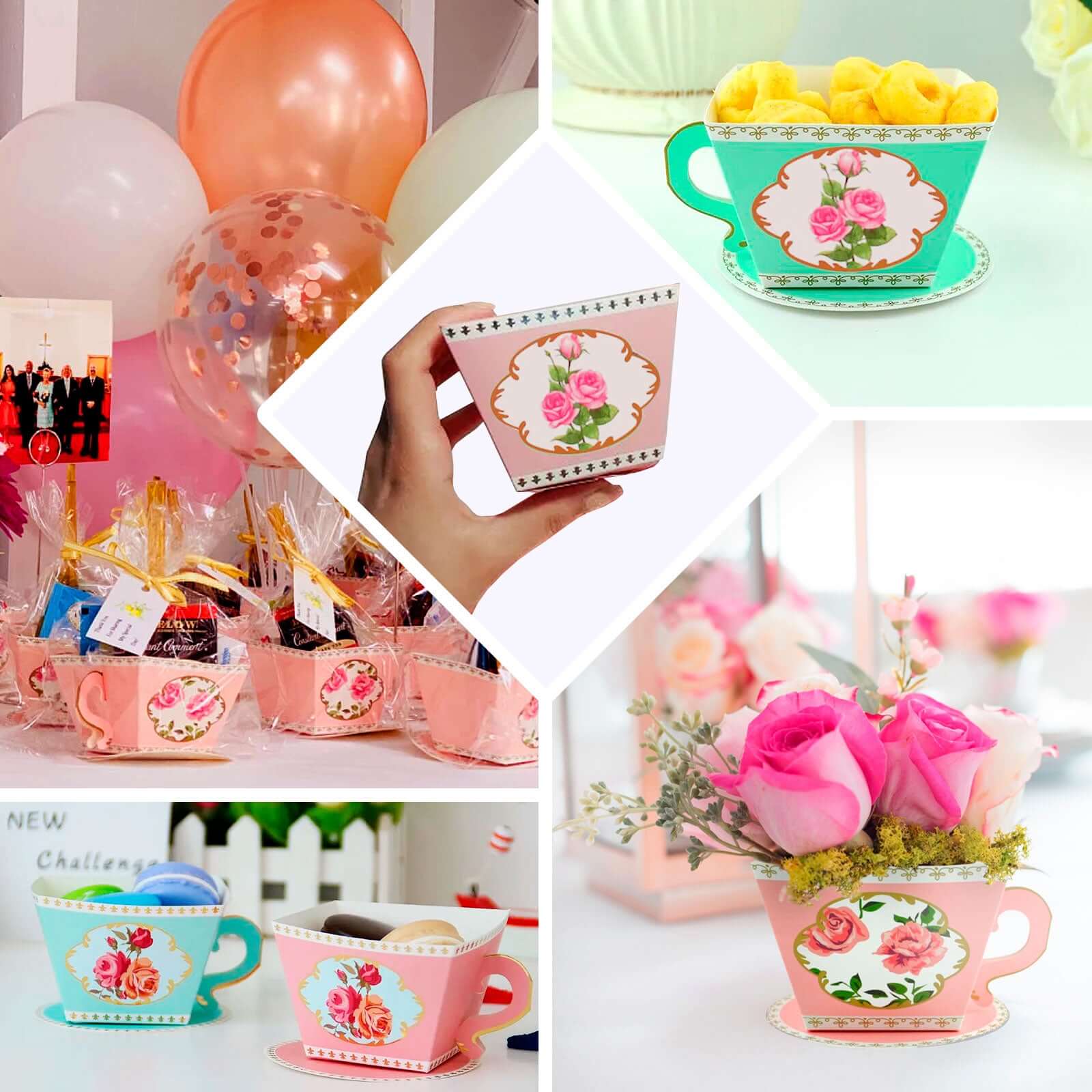 25 Pack Turquoise Mini Teacup and Saucer Gift Boxes with Rose Floral Print, Tea Time Party Favor Candy Boxes - 4"x3" - Image 5