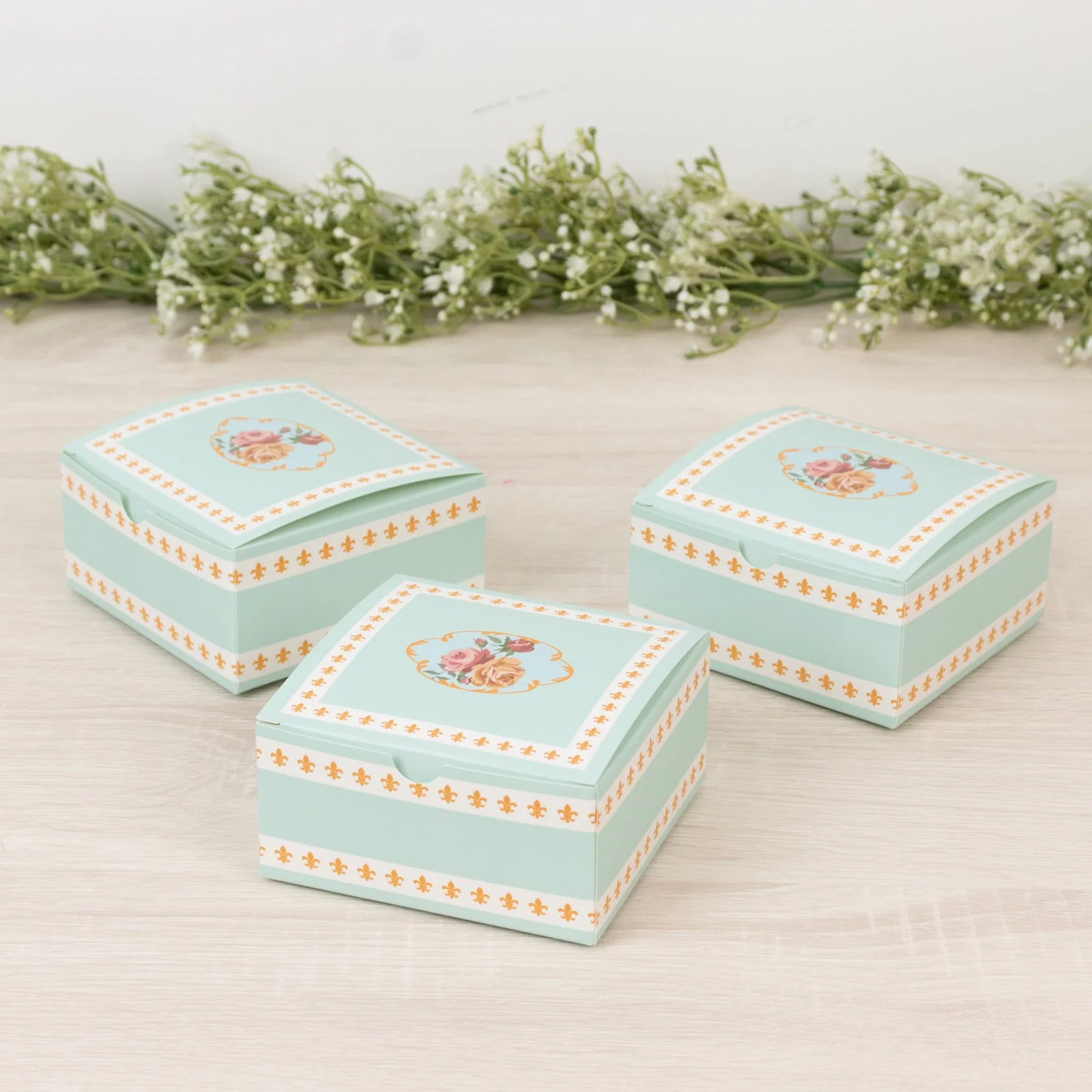 25-Pack Favor Boxes Vintage Rose Floral – Turquoise Cardstock Gift Boxes for Treats, Chocolates, Macarons & Small Gifts - 4"x4"x2" - Image 4