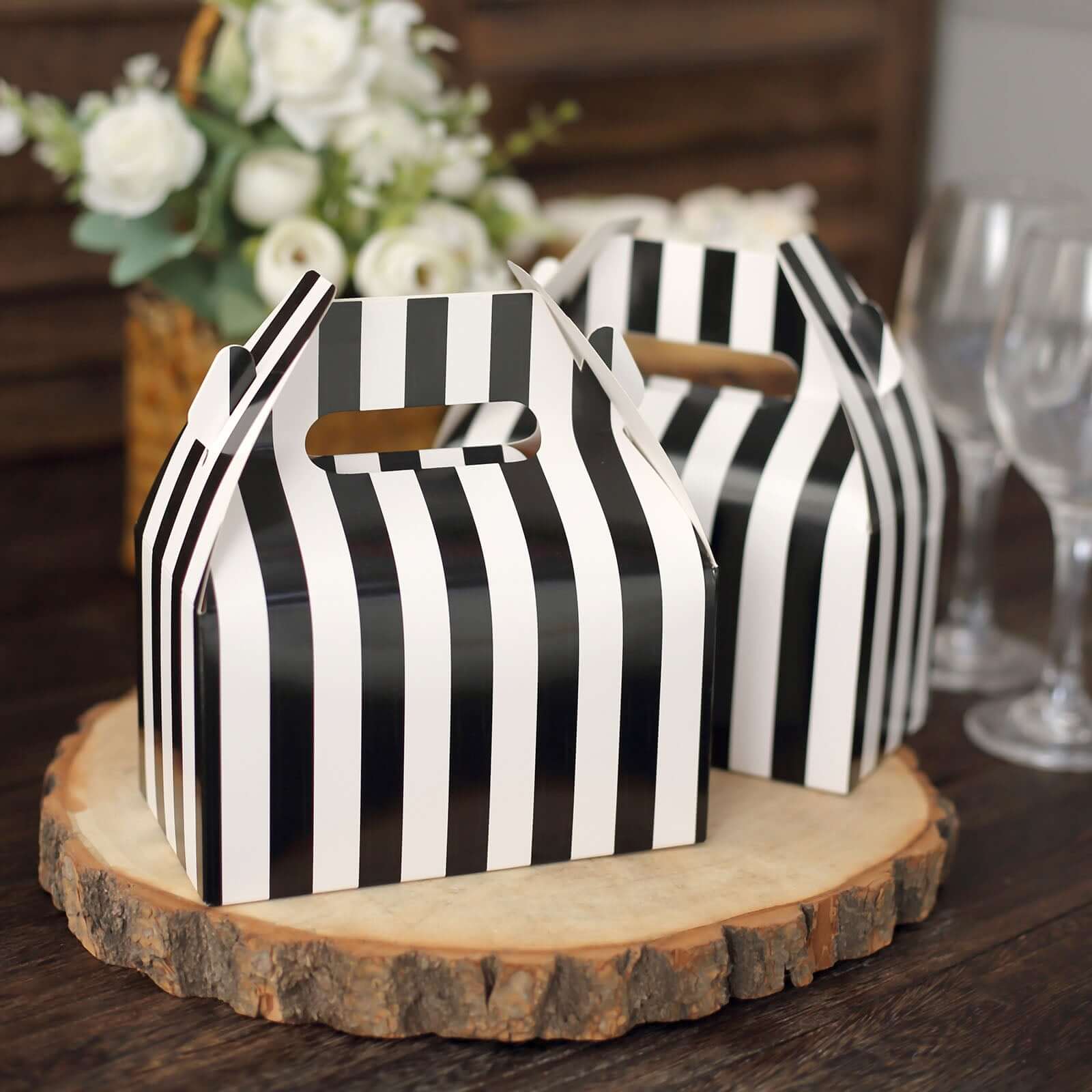 25 Pack White / Black Striped Party Favor Gift Tote Gable Box Bags, Candy Treat Boxes 6"x3.5"x7" - Image 10