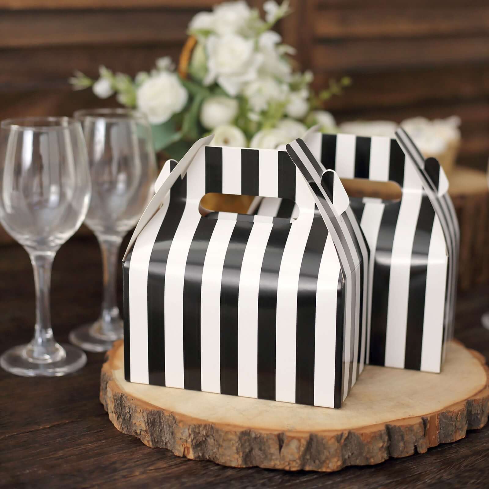25 Pack White / Black Striped Party Favor Gift Tote Gable Box Bags, Candy Treat Boxes 6"x3.5"x7" - Image 2