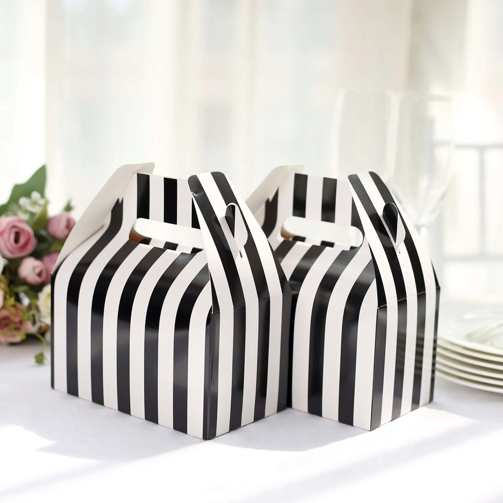 25 Pack White / Black Striped Party Favor Gift Tote Gable Box Bags, Candy Treat Boxes 6"x3.5"x7" - Image 4