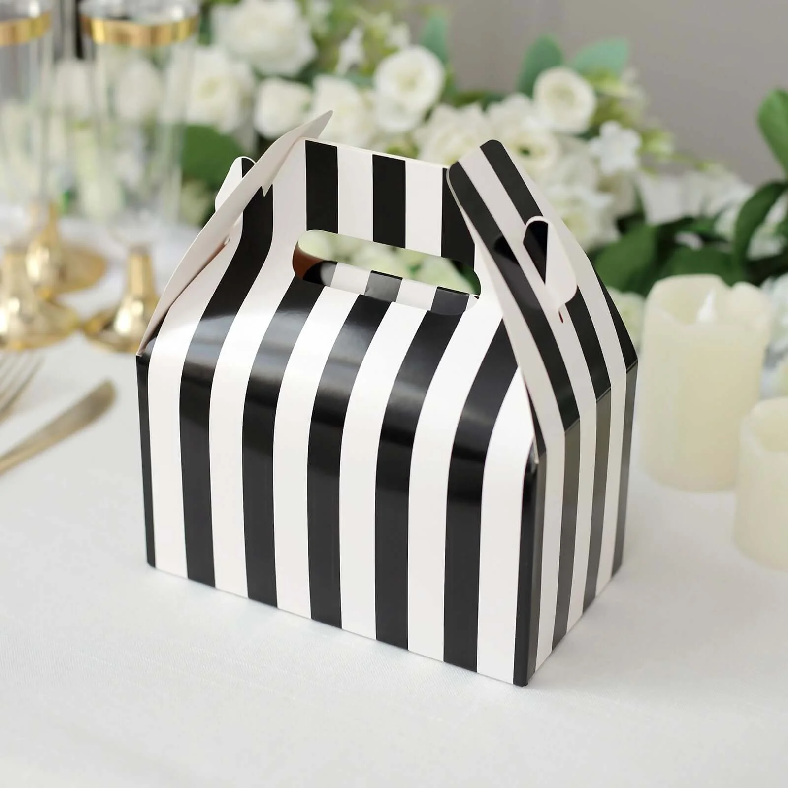 25 Pack White / Black Striped Party Favor Gift Tote Gable Box Bags, Candy Treat Boxes 6"x3.5"x7" - Image 5