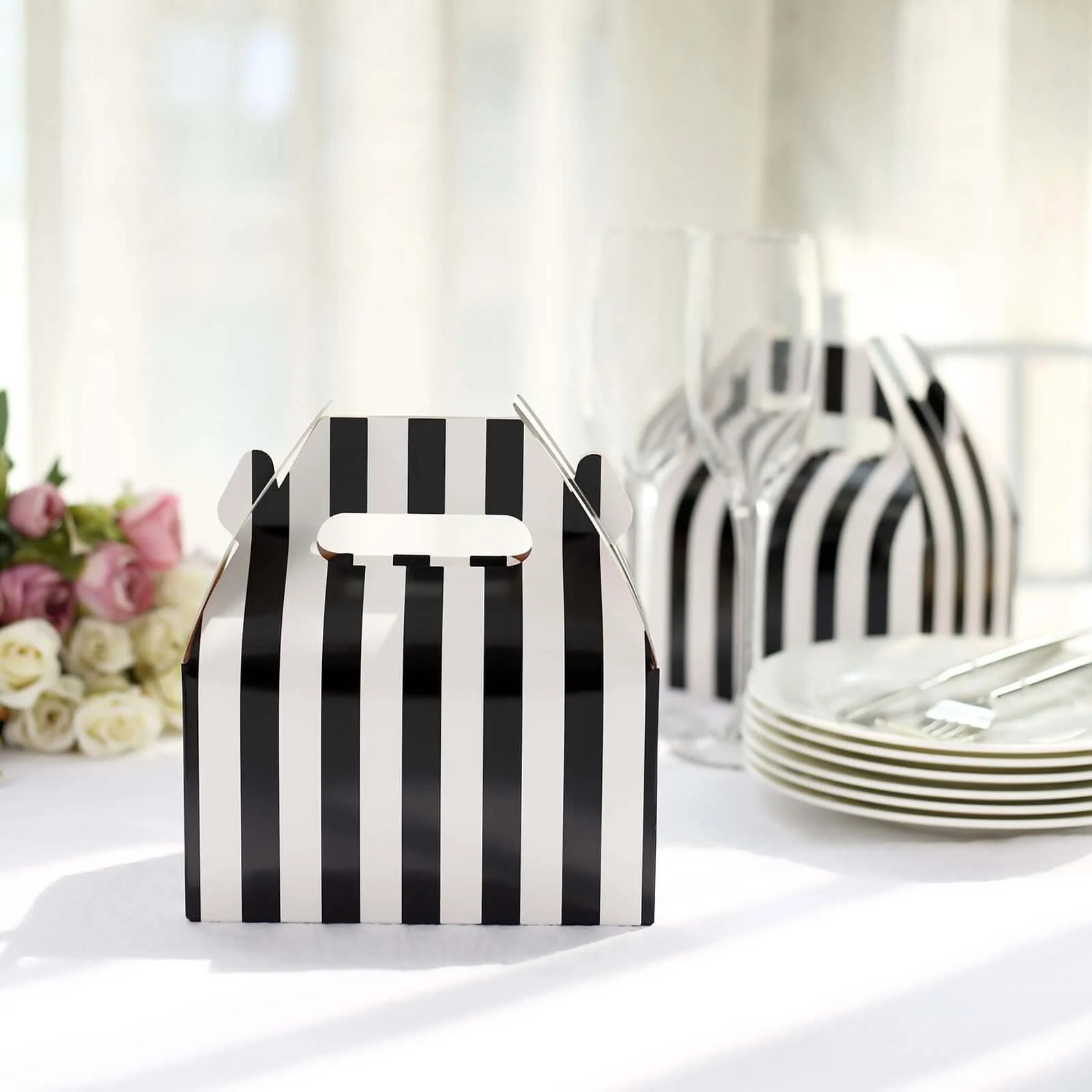 25 Pack White / Black Striped Party Favor Gift Tote Gable Box Bags, Candy Treat Boxes 6"x3.5"x7" - Image 8