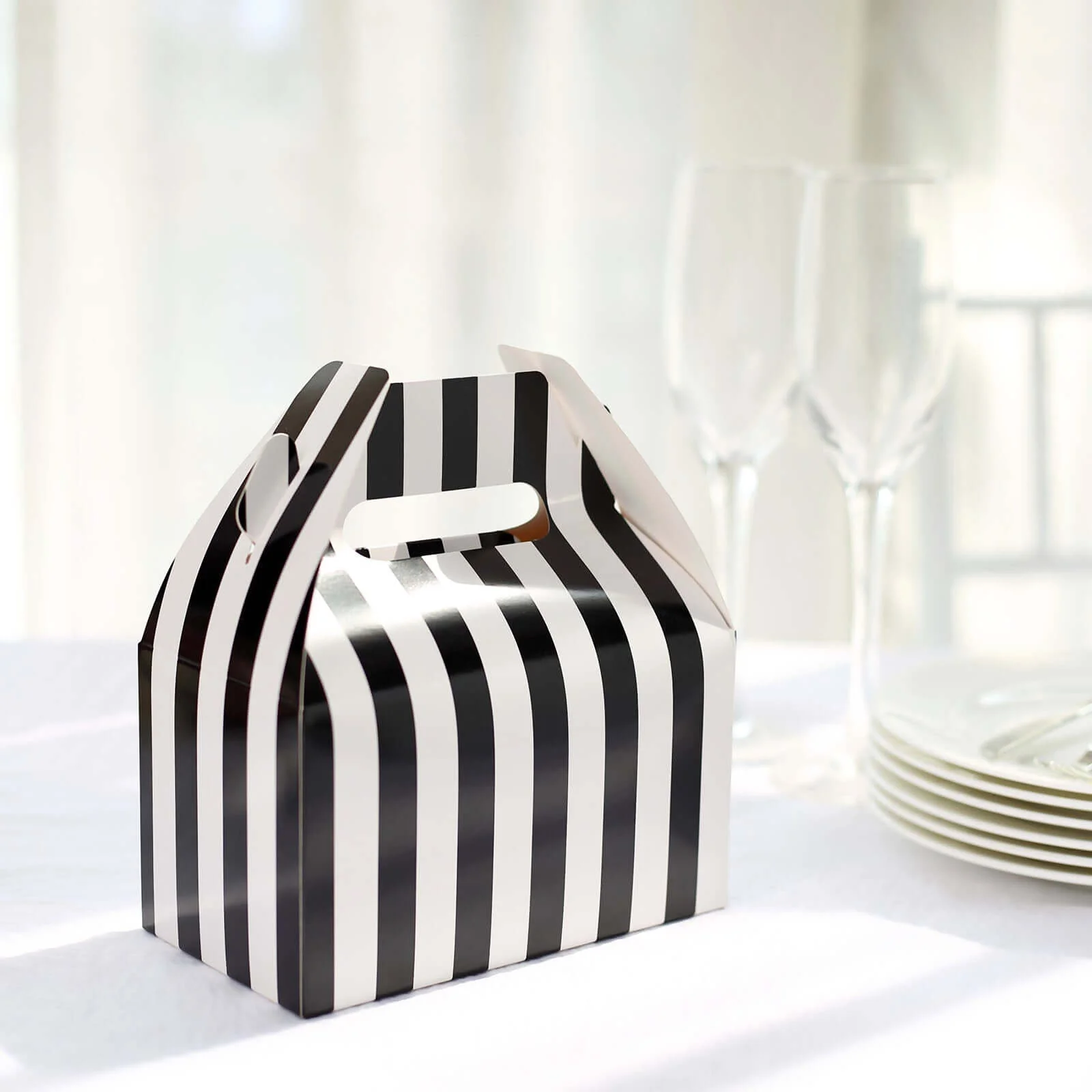 25 Pack White / Black Striped Party Favor Gift Tote Gable Box Bags, Candy Treat Boxes 6"x3.5"x7" - Image 9