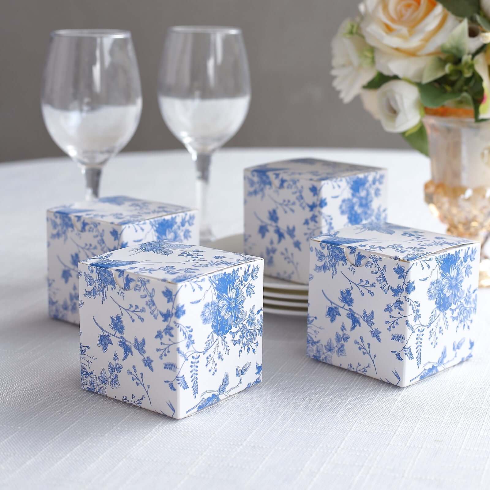 25 Pack White Blue Paper Gift Boxes in French Toile Pattern, Cardstock Party Shower Candy Favor Boxes - 3"x3"x3" - Image 4
