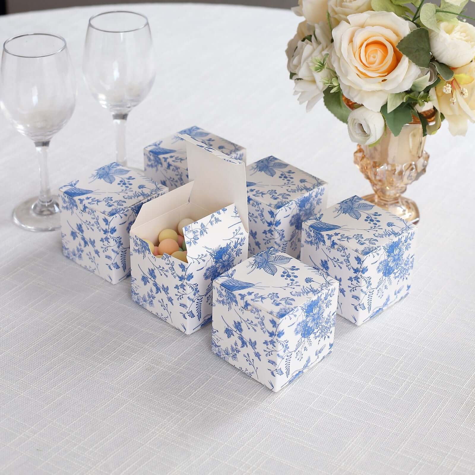 25 Pack White Blue Paper Gift Boxes in French Toile Pattern, Cardstock Party Shower Candy Favor Boxes - 3"x3"x3" - Image 5
