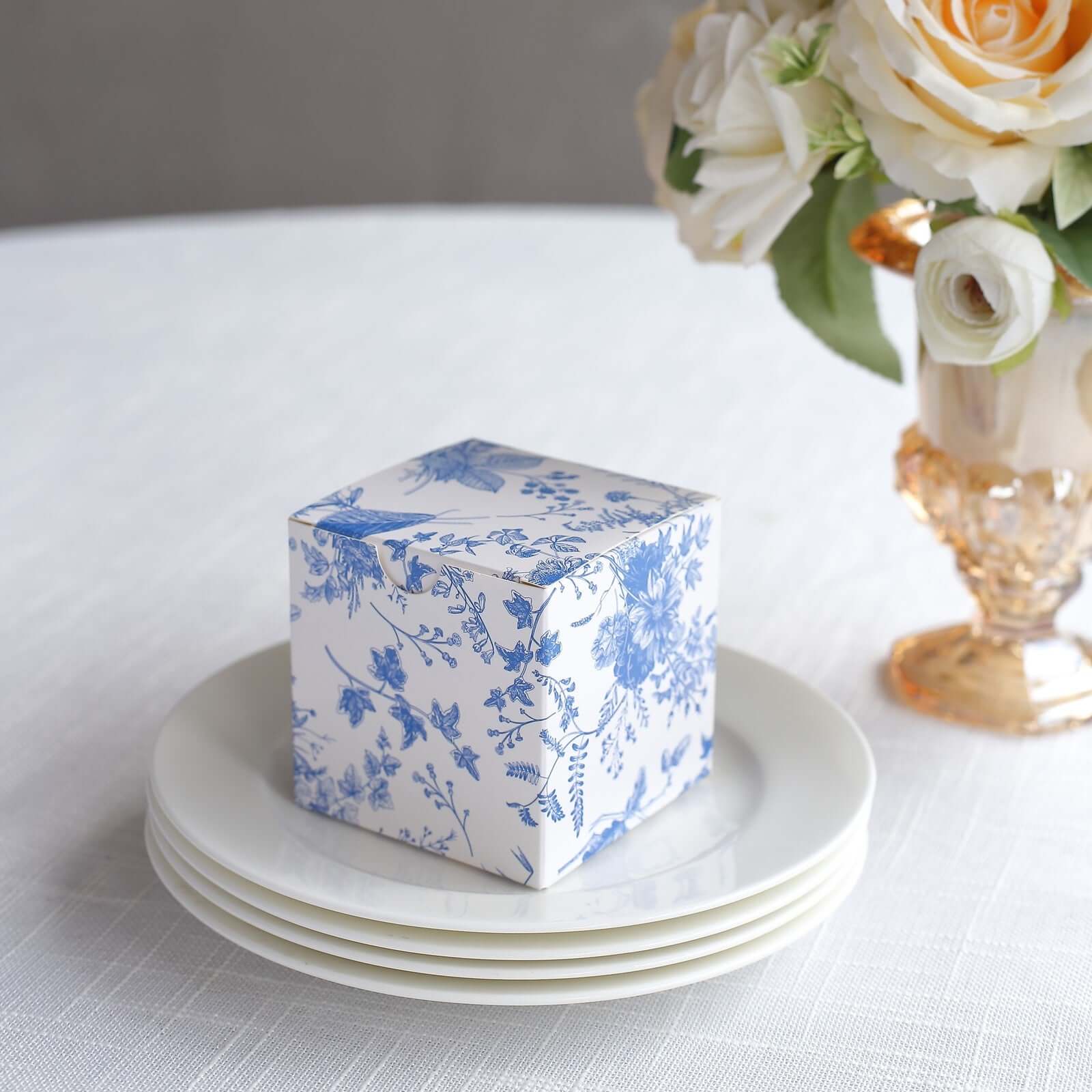 25 Pack White Blue Paper Gift Boxes in French Toile Pattern, Cardstock Party Shower Candy Favor Boxes - 3"x3"x3" - Image 6