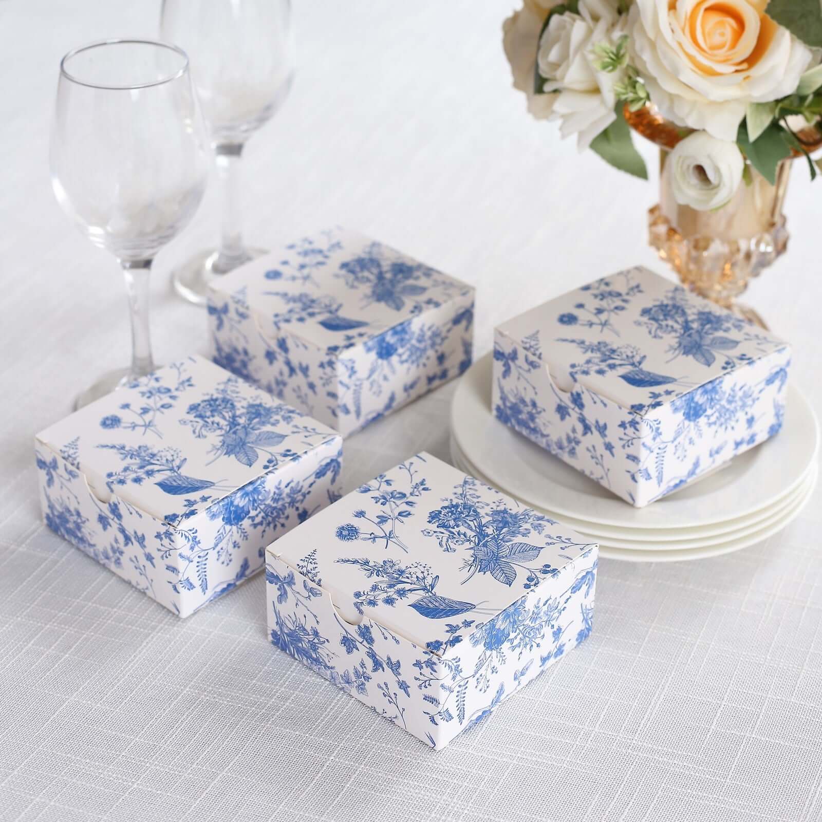 25 Pack White Blue Paper Gift Boxes in French Toile Pattern, Cardstock Party Shower Candy Favor Boxes - 4"x4"x2" - Image 4