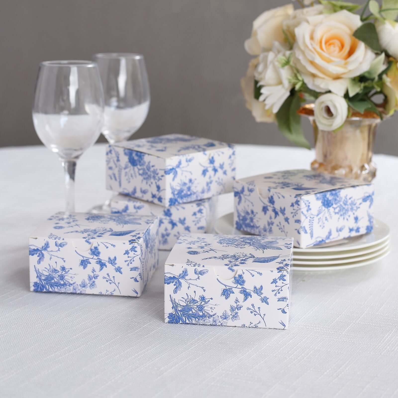 25 Pack White Blue Paper Gift Boxes in French Toile Pattern, Cardstock Party Shower Candy Favor Boxes - 4"x4"x2" - Image 5