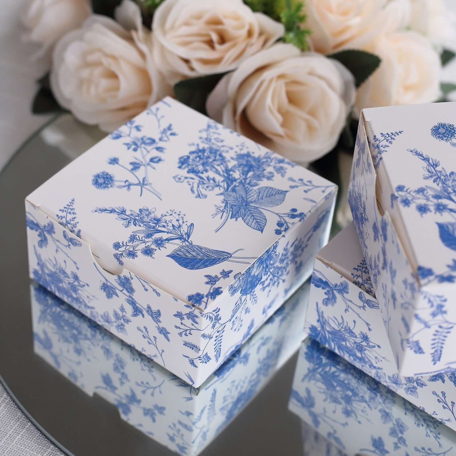 25 Pack White Blue Paper Gift Boxes in French Toile Pattern, Cardstock Party Shower Candy Favor Boxes - 4"x4"x2" - Image 7