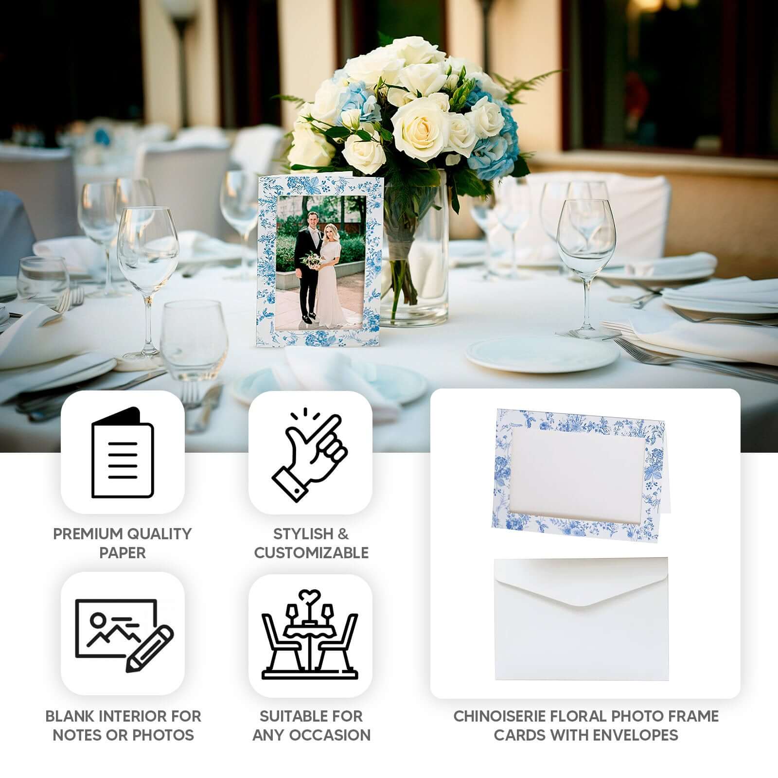 25-Pack White Blue Photo Frame Thank You Cards 3.5"x5.5" French Toile Design with Envelopes - Picture Insert Invitation Cards for Weddings & Events - Image 4