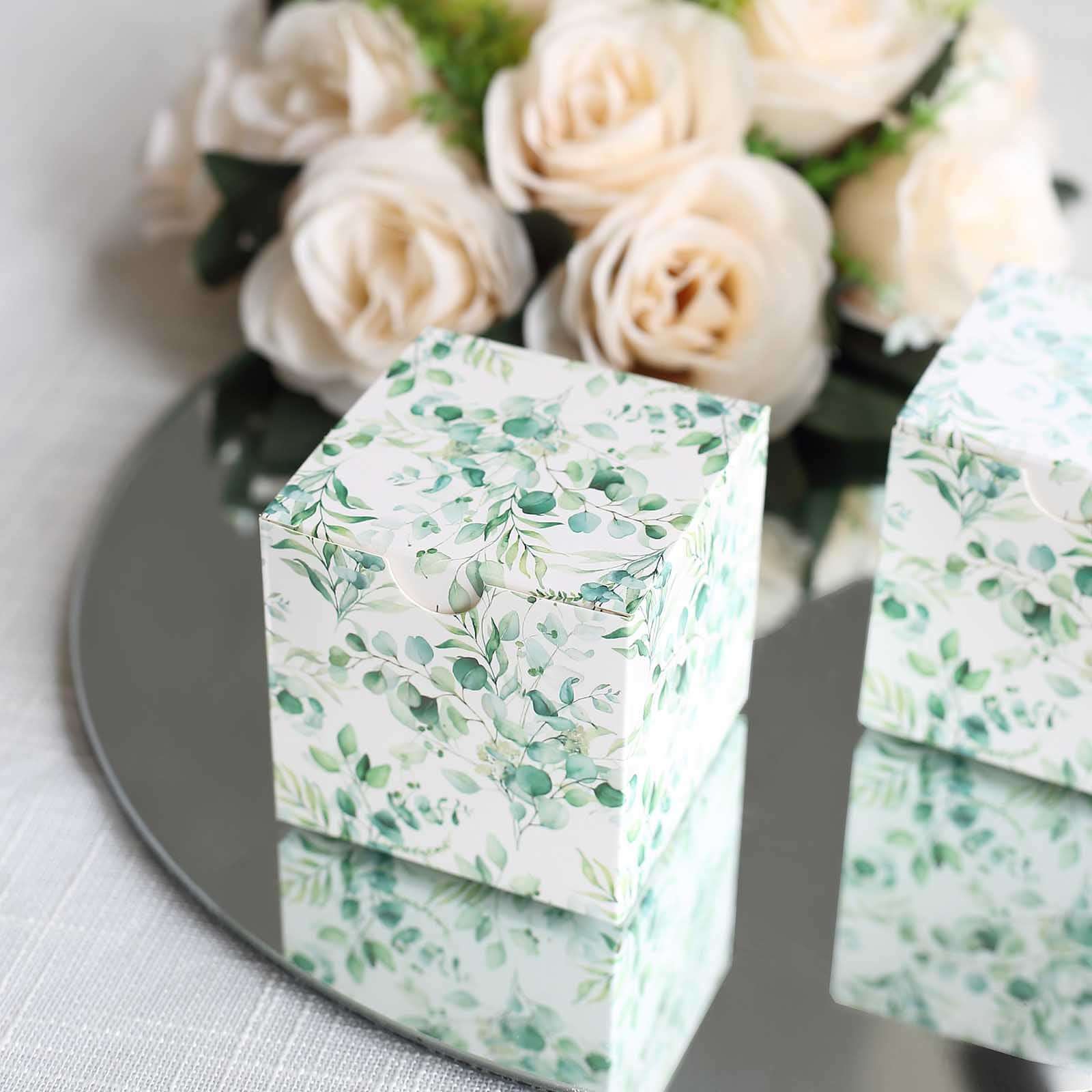 25 Pack White Green Eucalyptus Leaves Print Paper Gift Boxes, Cardstock Party Shower Candy Favor Boxes - 3"x3"x3" - Image 4