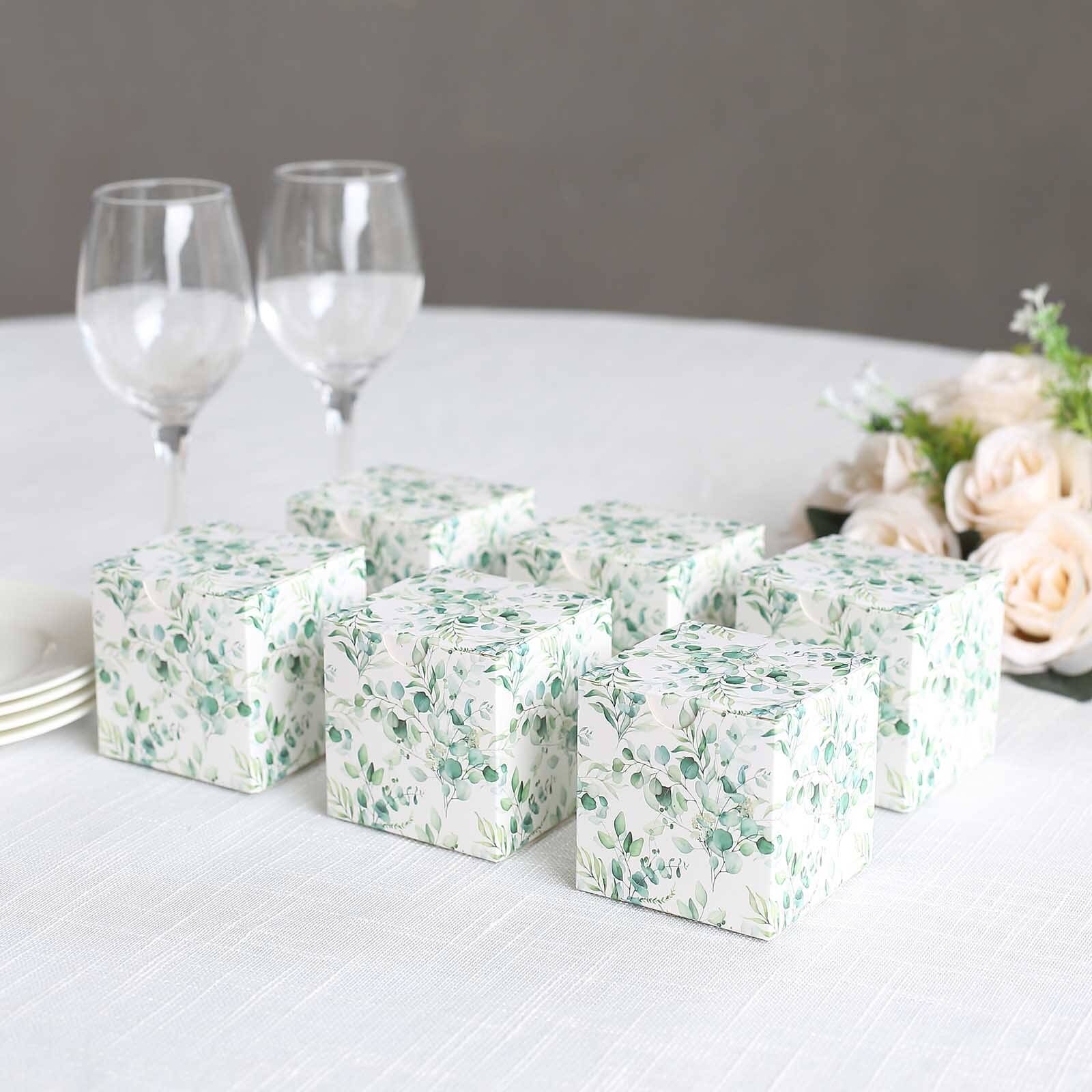 25 Pack White Green Eucalyptus Leaves Print Paper Gift Boxes, Cardstock Party Shower Candy Favor Boxes - 3"x3"x3" - Image 5