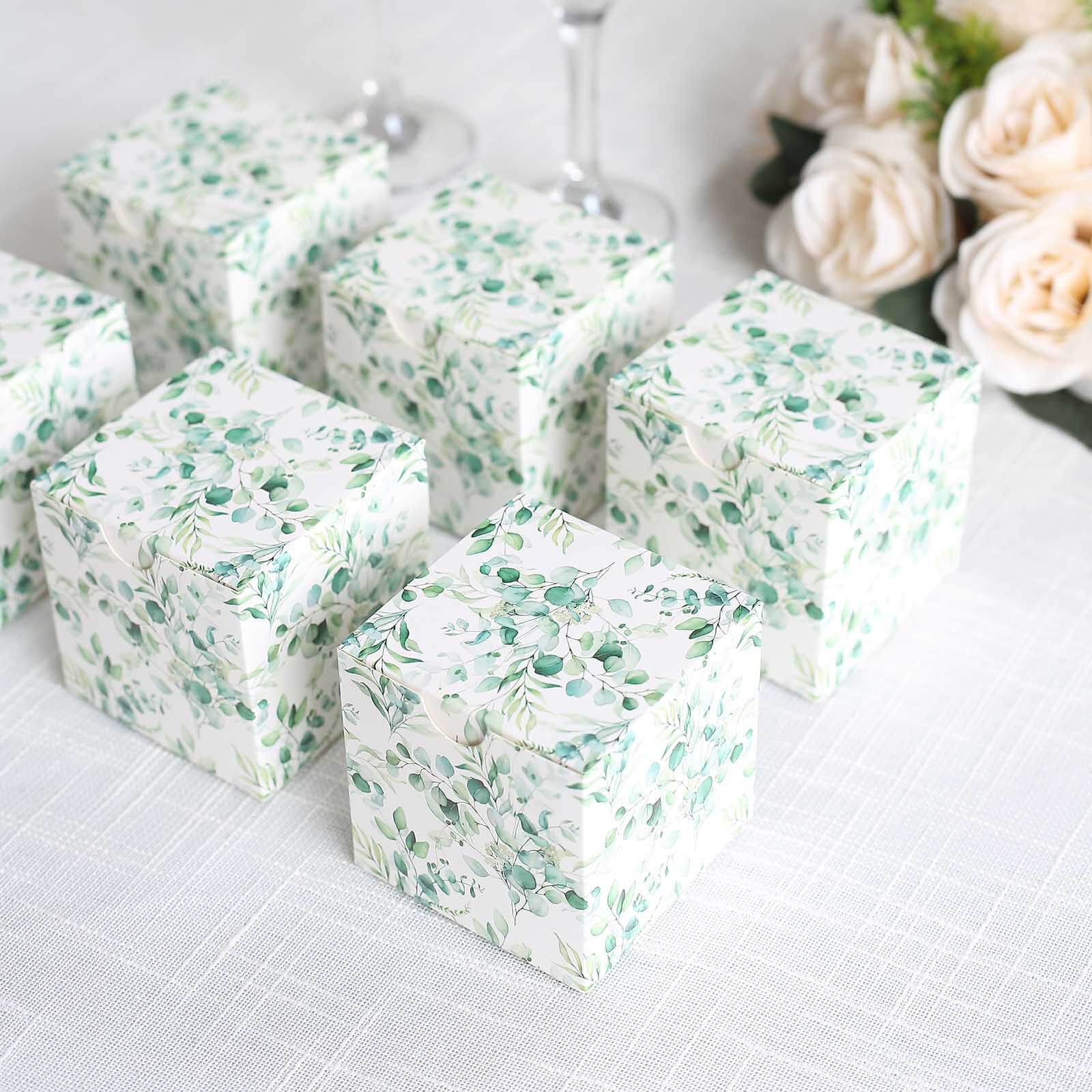 25 Pack White Green Eucalyptus Leaves Print Paper Gift Boxes, Cardstock Party Shower Candy Favor Boxes - 3"x3"x3" - Image 6
