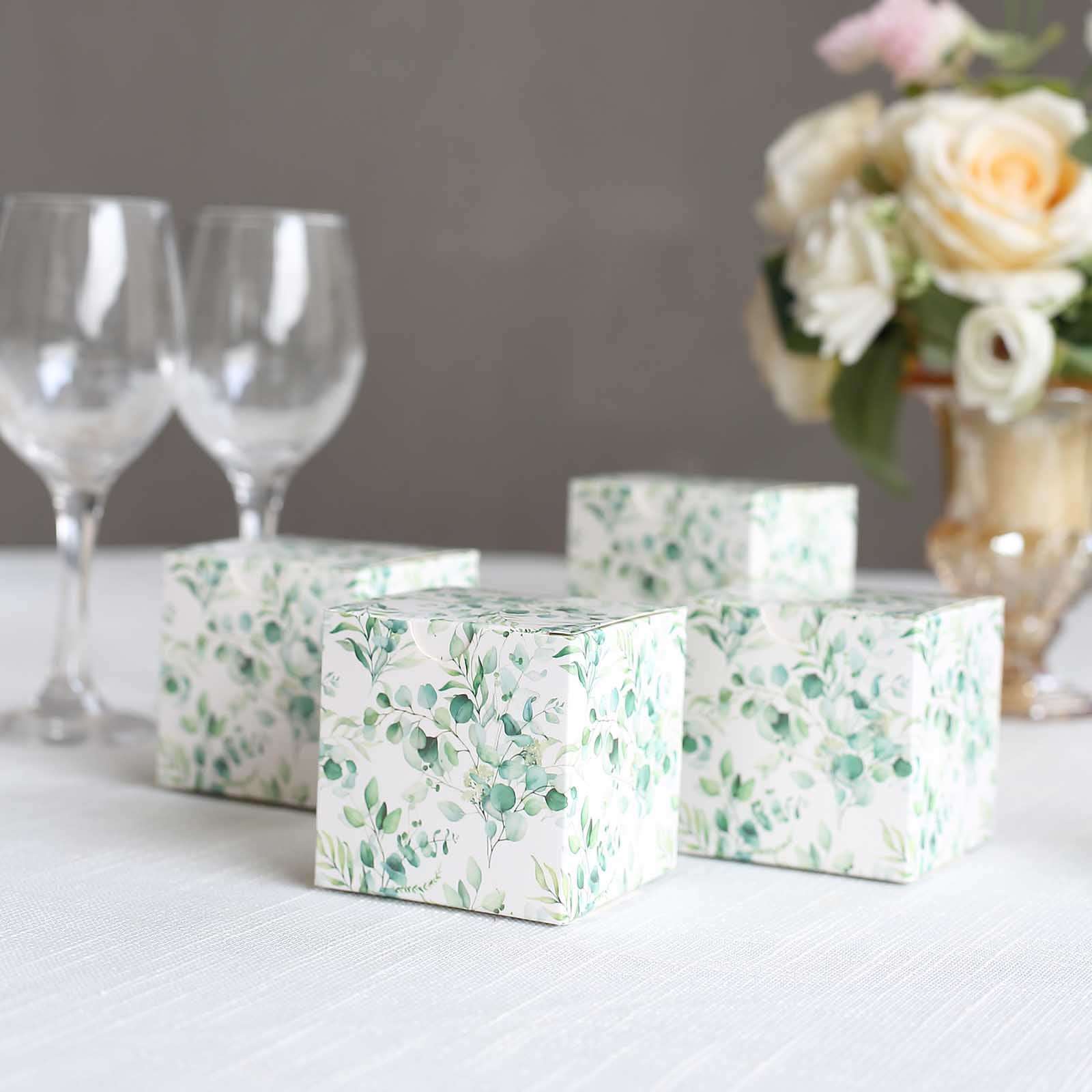 25 Pack White Green Eucalyptus Leaves Print Paper Gift Boxes, Cardstock Party Shower Candy Favor Boxes - 3"x3"x3" - Image 8
