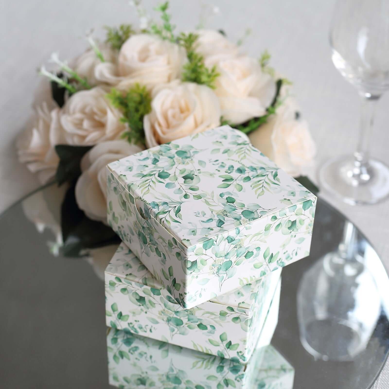 25 Pack White Green Eucalyptus Leaves Print Paper Gift Boxes, Cardstock Party Shower Candy Favor Boxes - 4"x4"x2" - Image 10