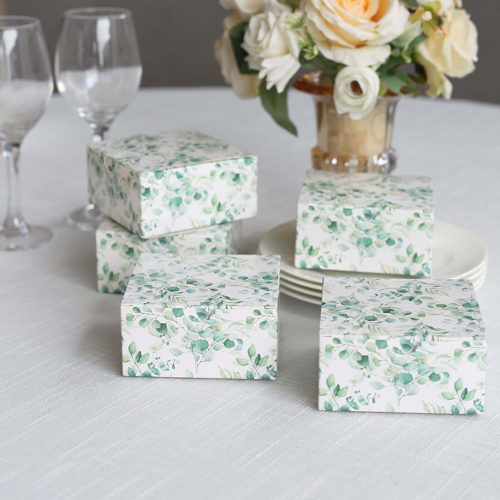 25 Pack White Green Eucalyptus Leaves Print Paper Gift Boxes, Cardstock Party Shower Candy Favor Boxes - 4"x4"x2" - Image 4