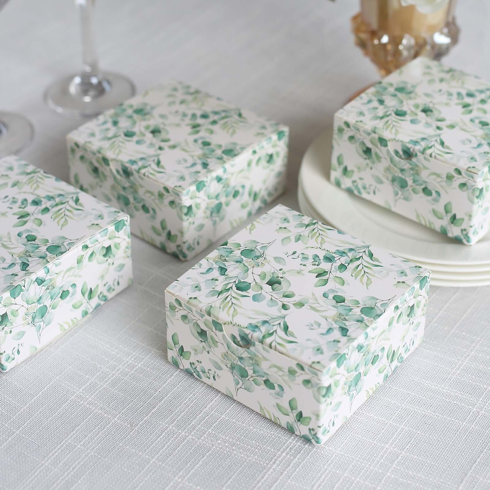 25 Pack White Green Eucalyptus Leaves Print Paper Gift Boxes, Cardstock Party Shower Candy Favor Boxes - 4"x4"x2" - Image 5