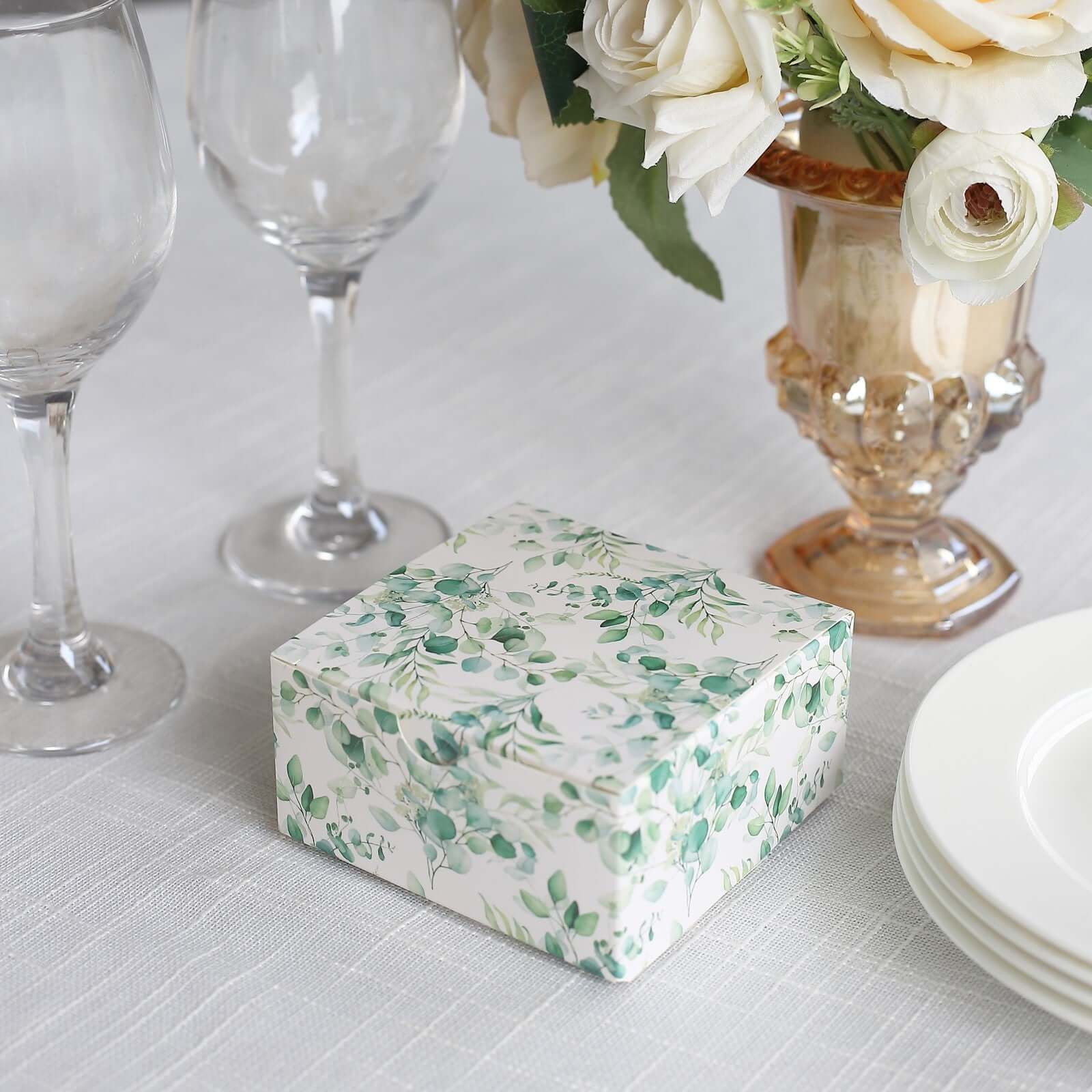 25 Pack White Green Eucalyptus Leaves Print Paper Gift Boxes, Cardstock Party Shower Candy Favor Boxes - 4"x4"x2" - Image 6