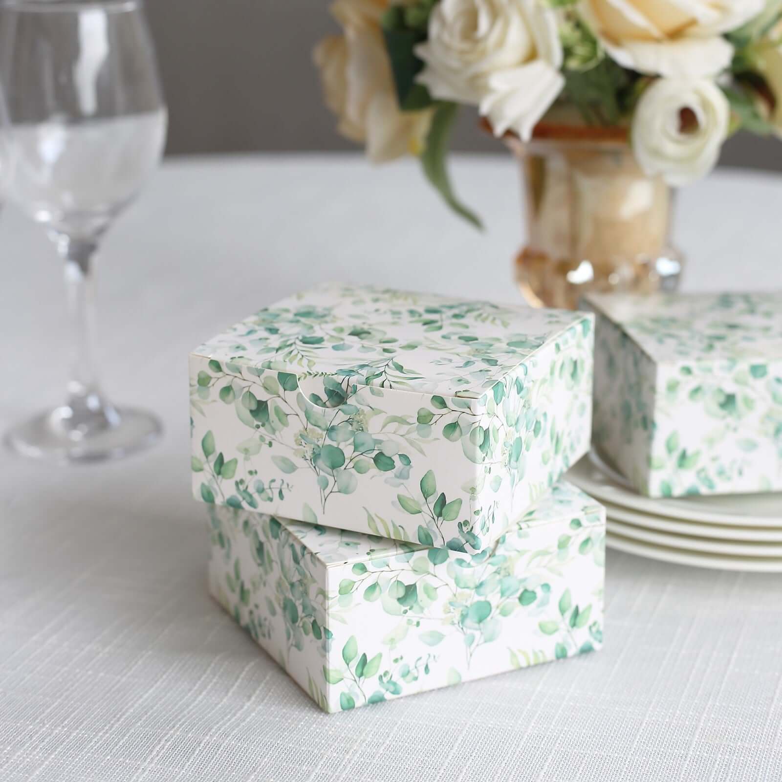 25 Pack White Green Eucalyptus Leaves Print Paper Gift Boxes, Cardstock Party Shower Candy Favor Boxes - 4"x4"x2" - Image 8