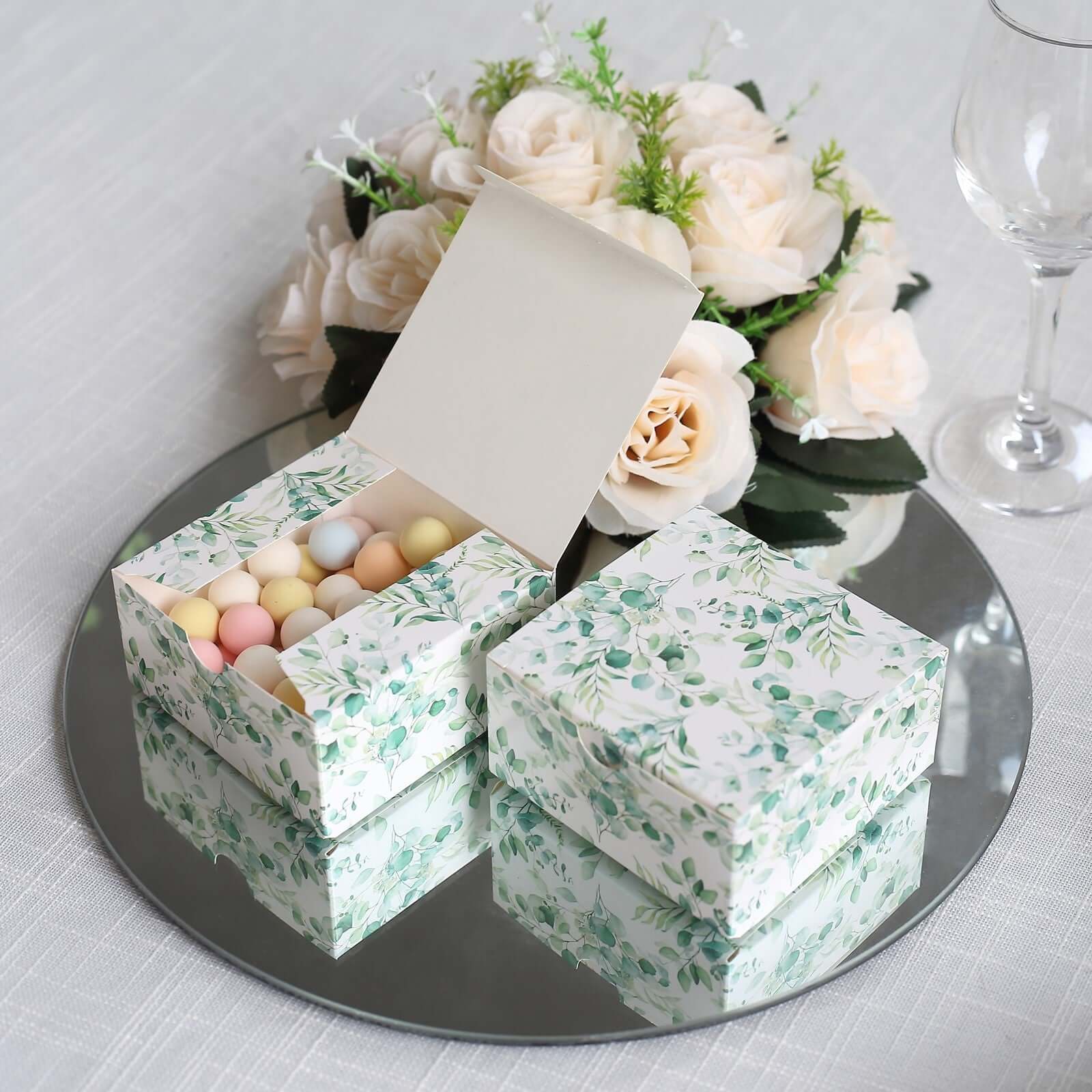25 Pack White Green Eucalyptus Leaves Print Paper Gift Boxes, Cardstock Party Shower Candy Favor Boxes - 4"x4"x2" - Image 9