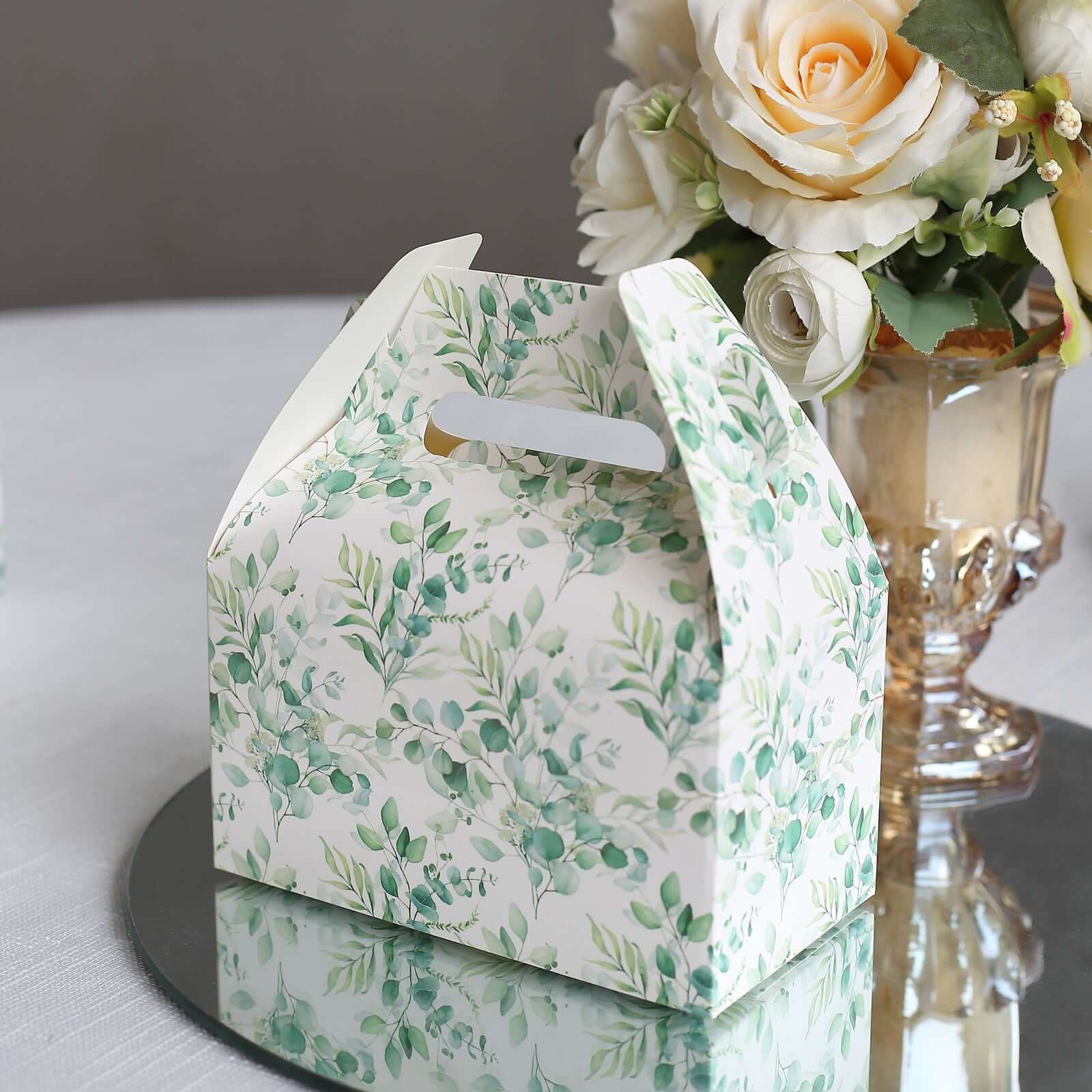25 Pack White Green Party Favor Gift Tote Gable Boxes with Eucalyptus Leaves Print, Candy Treat Boxes - 6"x3.5"x7" - Image 4