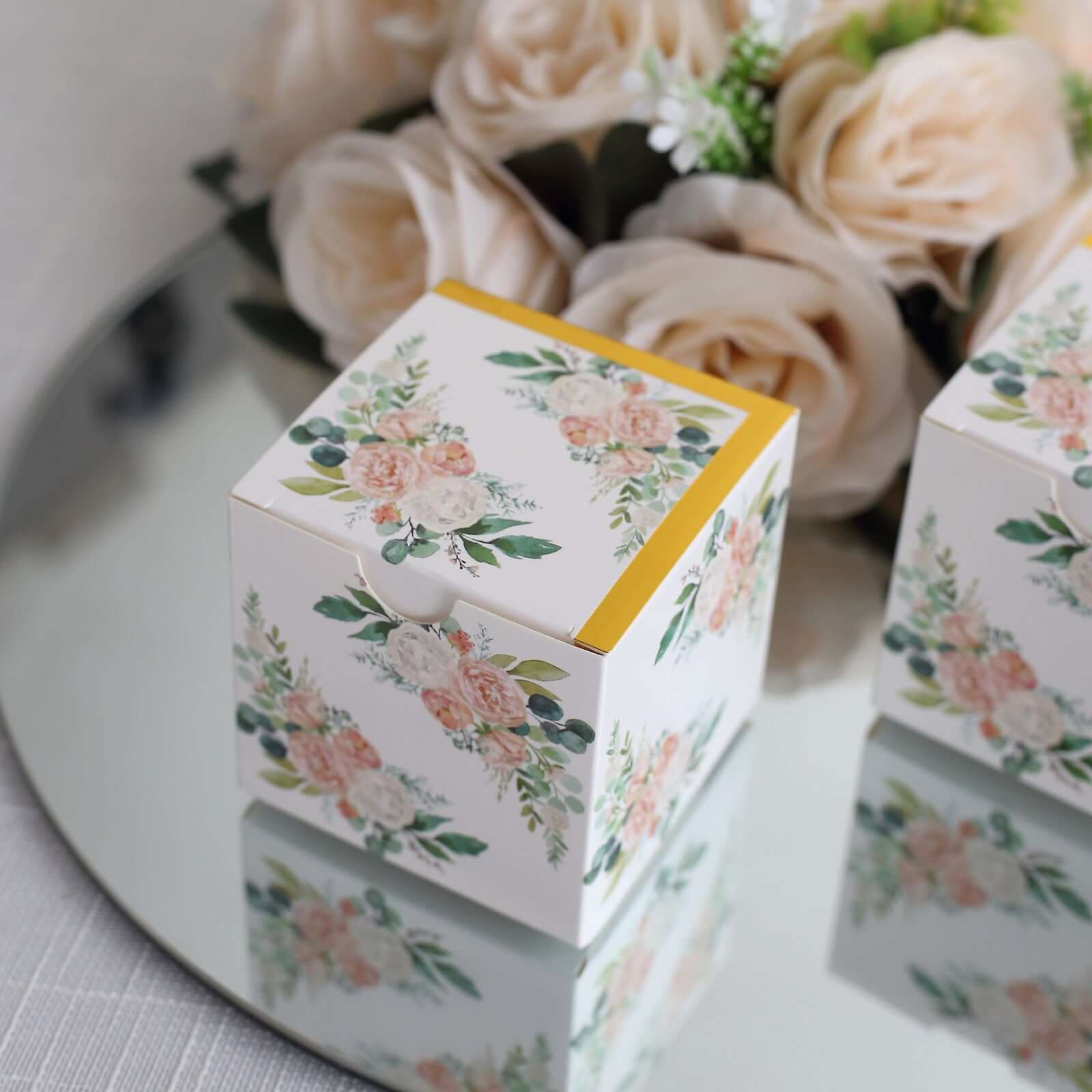 25 Pack White Pink Peony Flowers Print Paper Gift Boxes with Gold Edge, Cardstock Party Shower Candy Favor Boxes - 3"x3"x3"