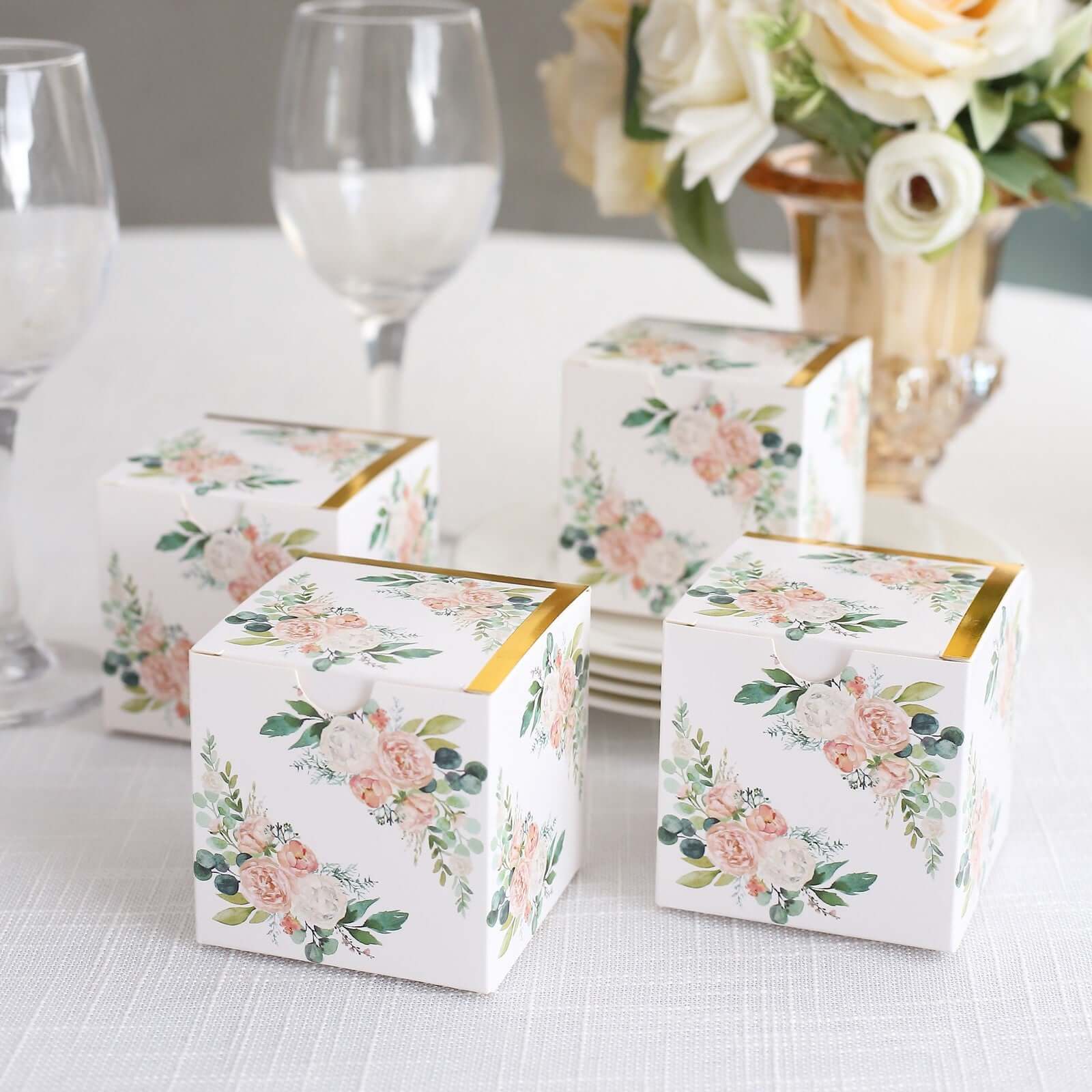25 Pack White Pink Peony Flowers Print Paper Gift Boxes with Gold Edge, Cardstock Party Shower Candy Favor Boxes - 3"x3"x3" - Image 4