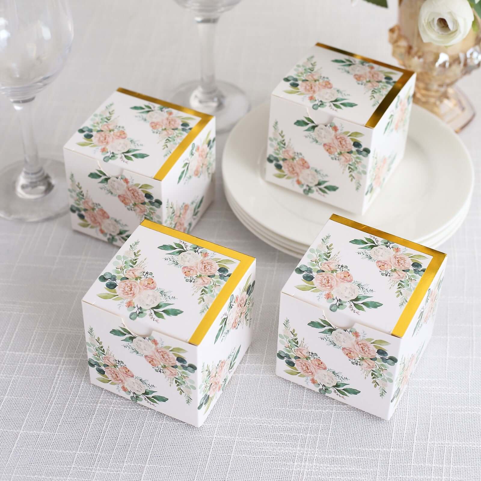 25 Pack White Pink Peony Flowers Print Paper Gift Boxes with Gold Edge, Cardstock Party Shower Candy Favor Boxes - 3"x3"x3" - Image 7