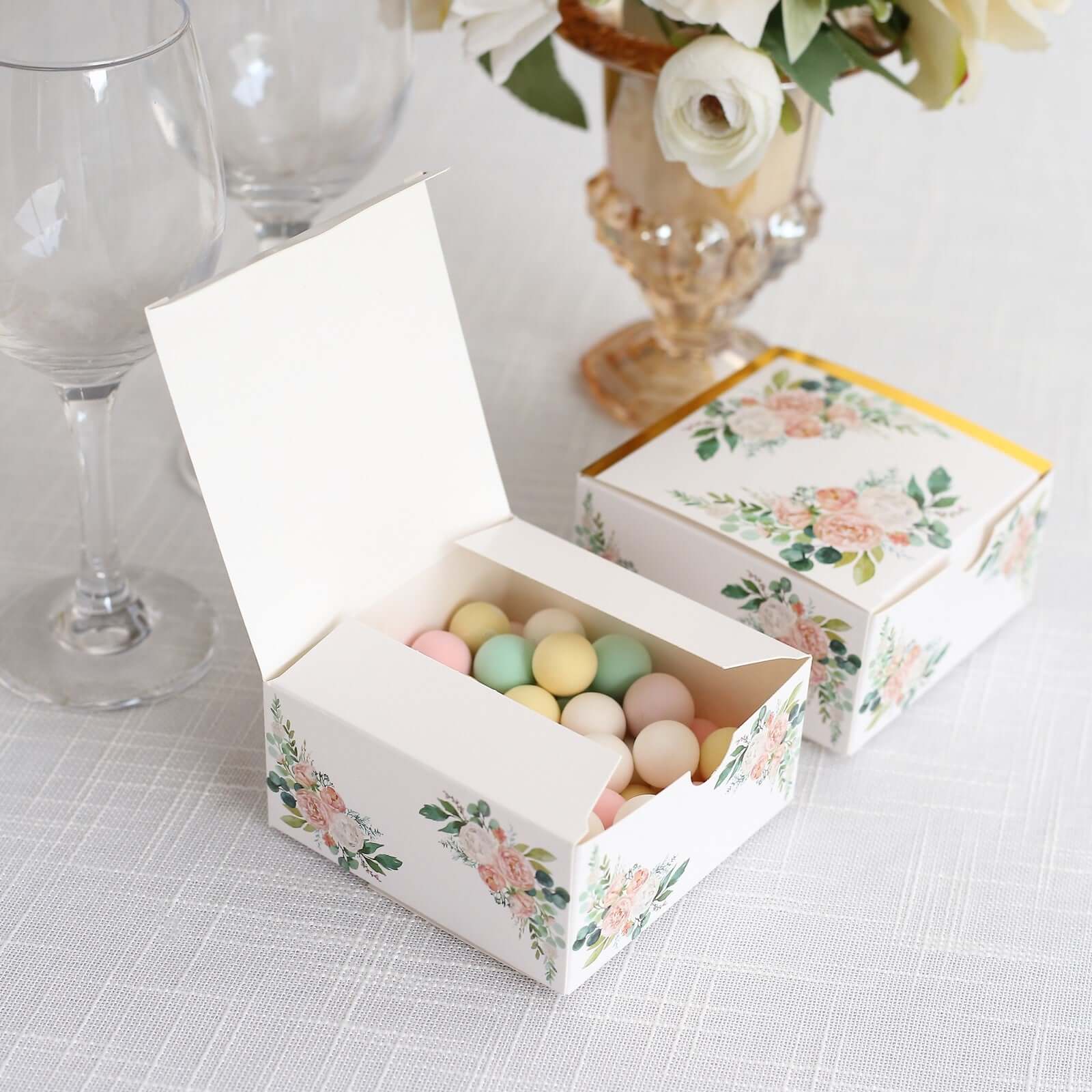 25 Pack White Pink Peony Flowers Print Paper Gift Boxes with Gold Edge, Cardstock Party Shower Candy Favor Boxes - 4"x4"x2" - Image 2