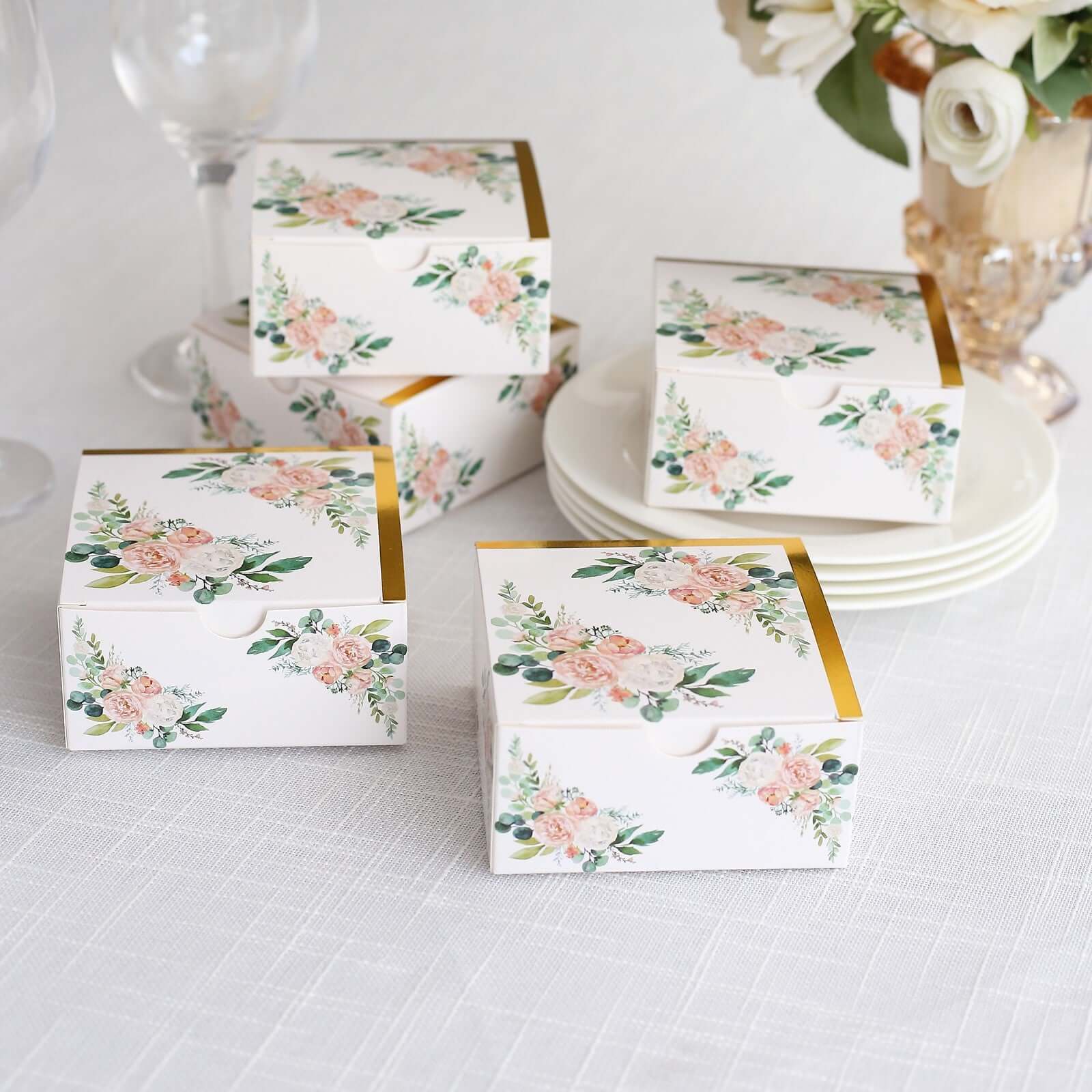 25 Pack White Pink Peony Flowers Print Paper Gift Boxes with Gold Edge, Cardstock Party Shower Candy Favor Boxes - 4"x4"x2" - Image 4