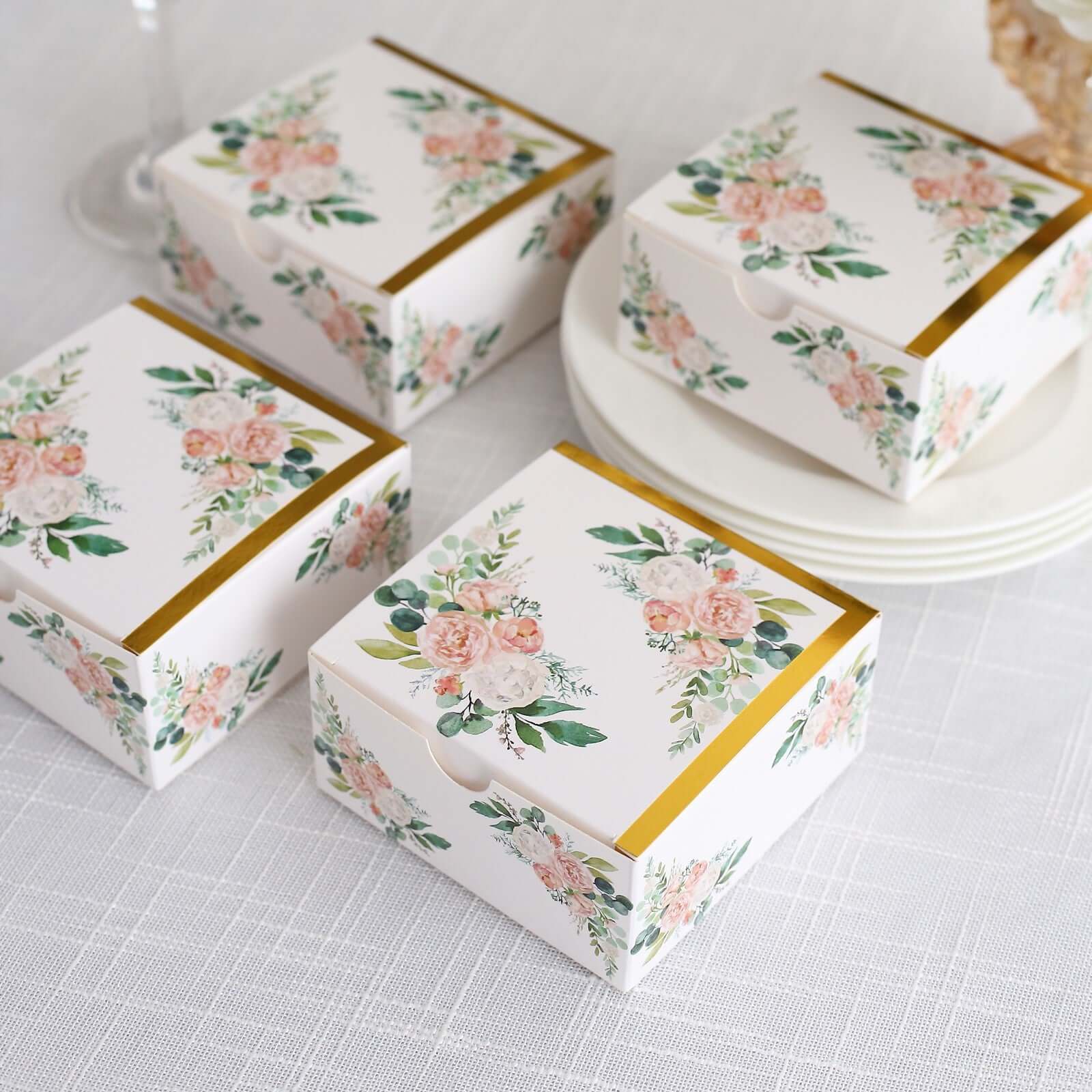25 Pack White Pink Peony Flowers Print Paper Gift Boxes with Gold Edge, Cardstock Party Shower Candy Favor Boxes - 4"x4"x2" - Image 5