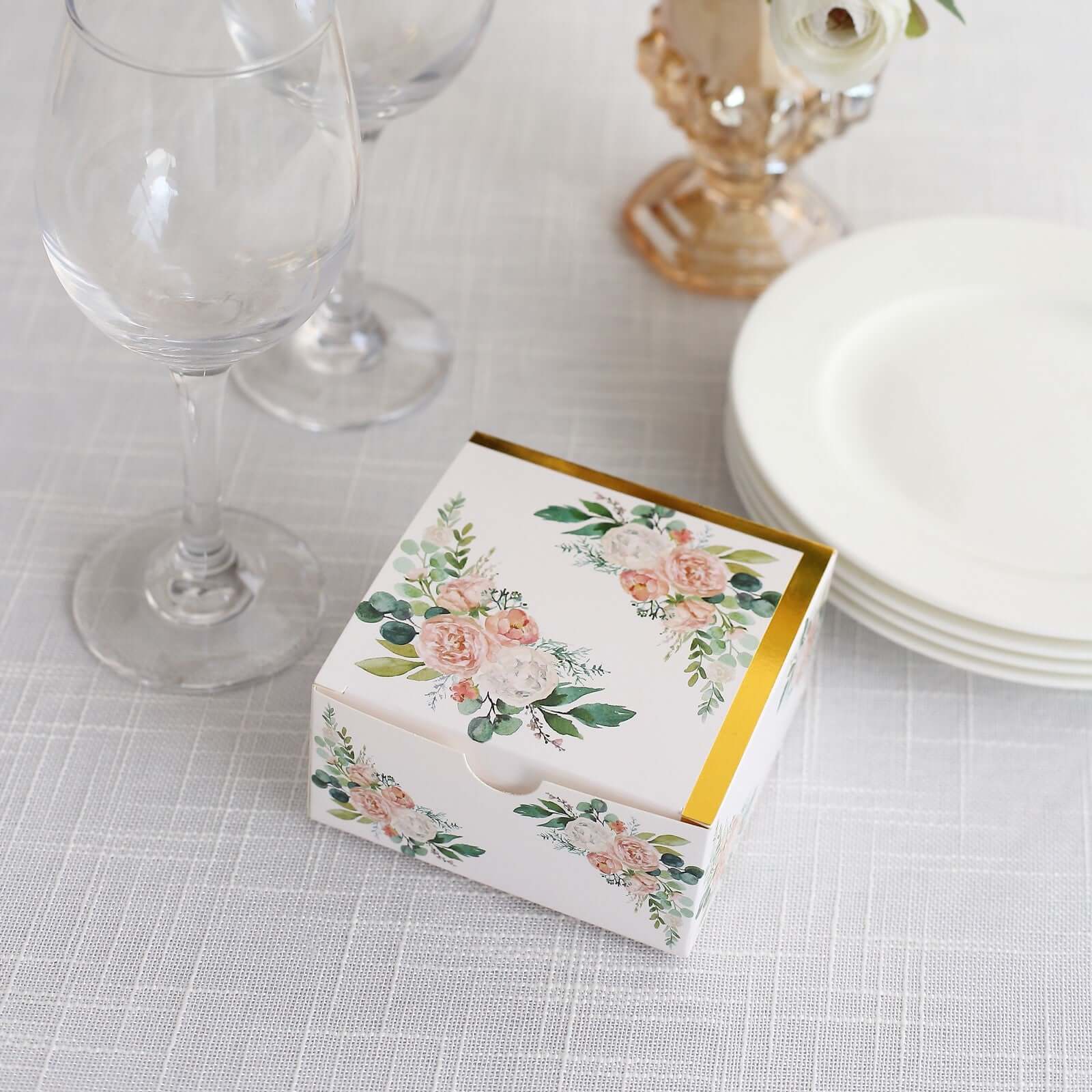 25 Pack White Pink Peony Flowers Print Paper Gift Boxes with Gold Edge, Cardstock Party Shower Candy Favor Boxes - 4"x4"x2" - Image 6