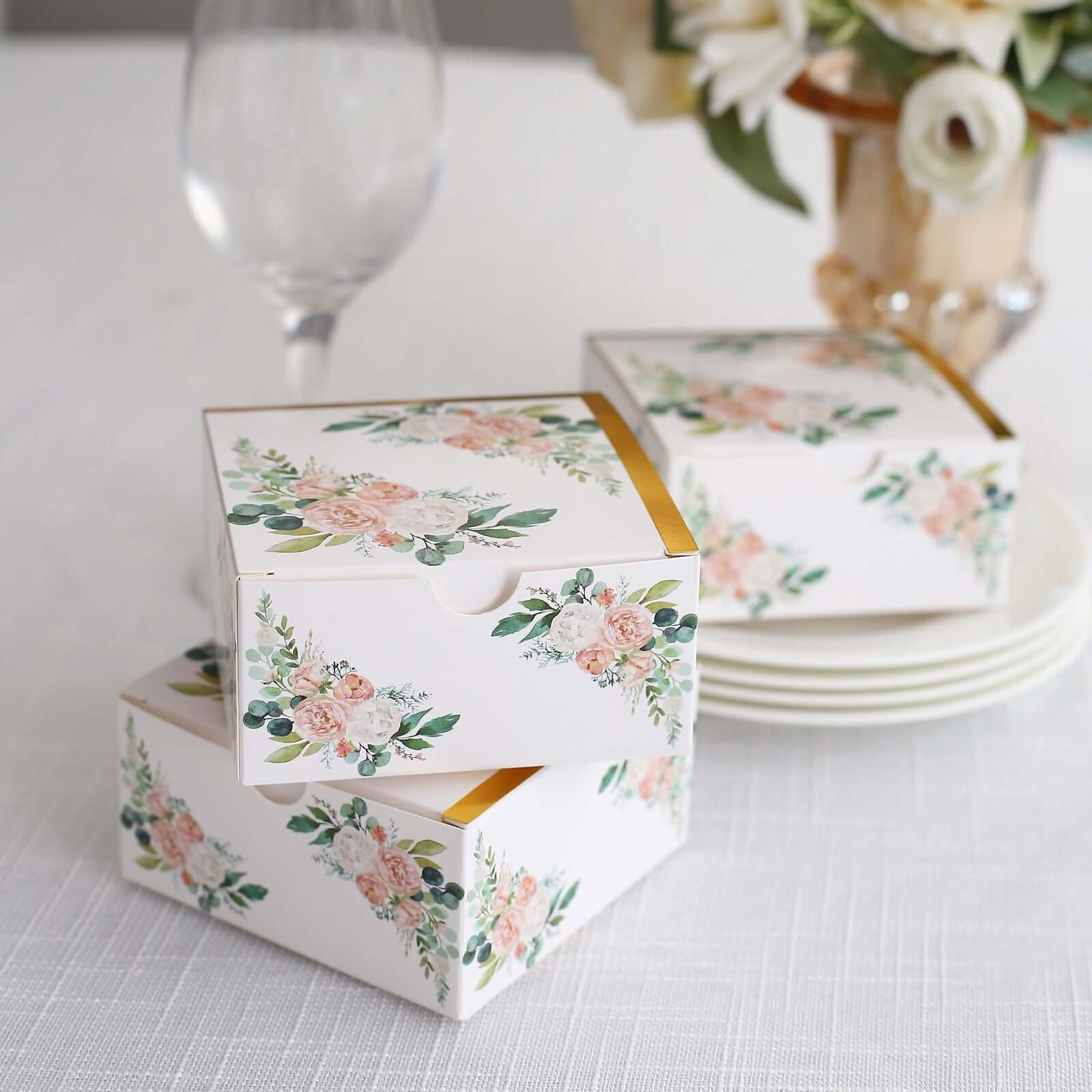 25 Pack White Pink Peony Flowers Print Paper Gift Boxes with Gold Edge, Cardstock Party Shower Candy Favor Boxes - 4"x4"x2" - Image 8