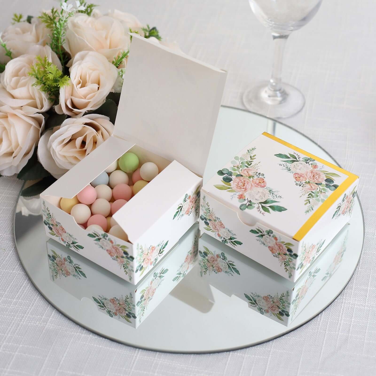 25 Pack White Pink Peony Flowers Print Paper Gift Boxes with Gold Edge, Cardstock Party Shower Candy Favor Boxes - 4"x4"x2" - Image 9