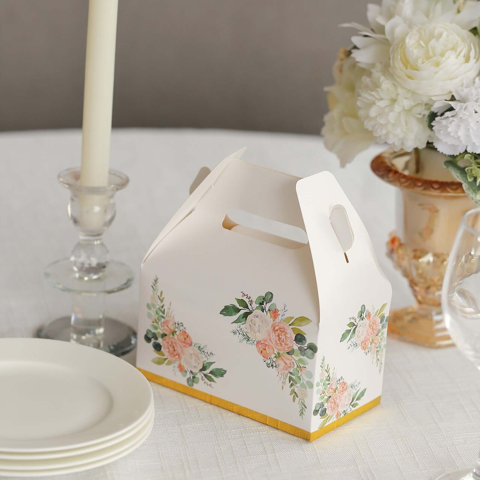 25 Pack White Pink Peony Flowers Print Party Favor Tote Gable Boxes with Gold Edge, Candy Treat Gift Boxes - 6"x3.5"x7" - Image 5