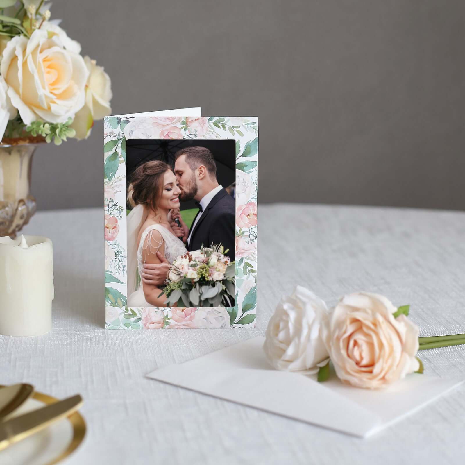 25-Pack White Pink Photo Frame Thank You Cards 7"x5" Peony Floral Design with Envelopes - Picture Insert Invitation Cards for Weddings & Events