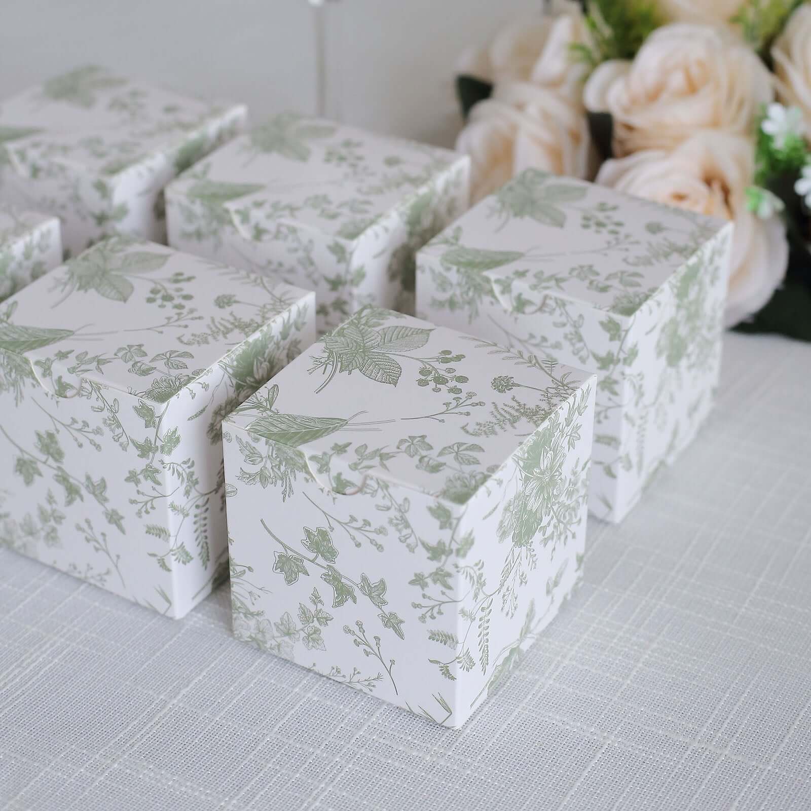 25 Pack White Sage Green Paper Gift Boxes in French Toile Pattern, Cardstock Party Shower Candy Favor Boxes - 3"x3"x3" - Image 5