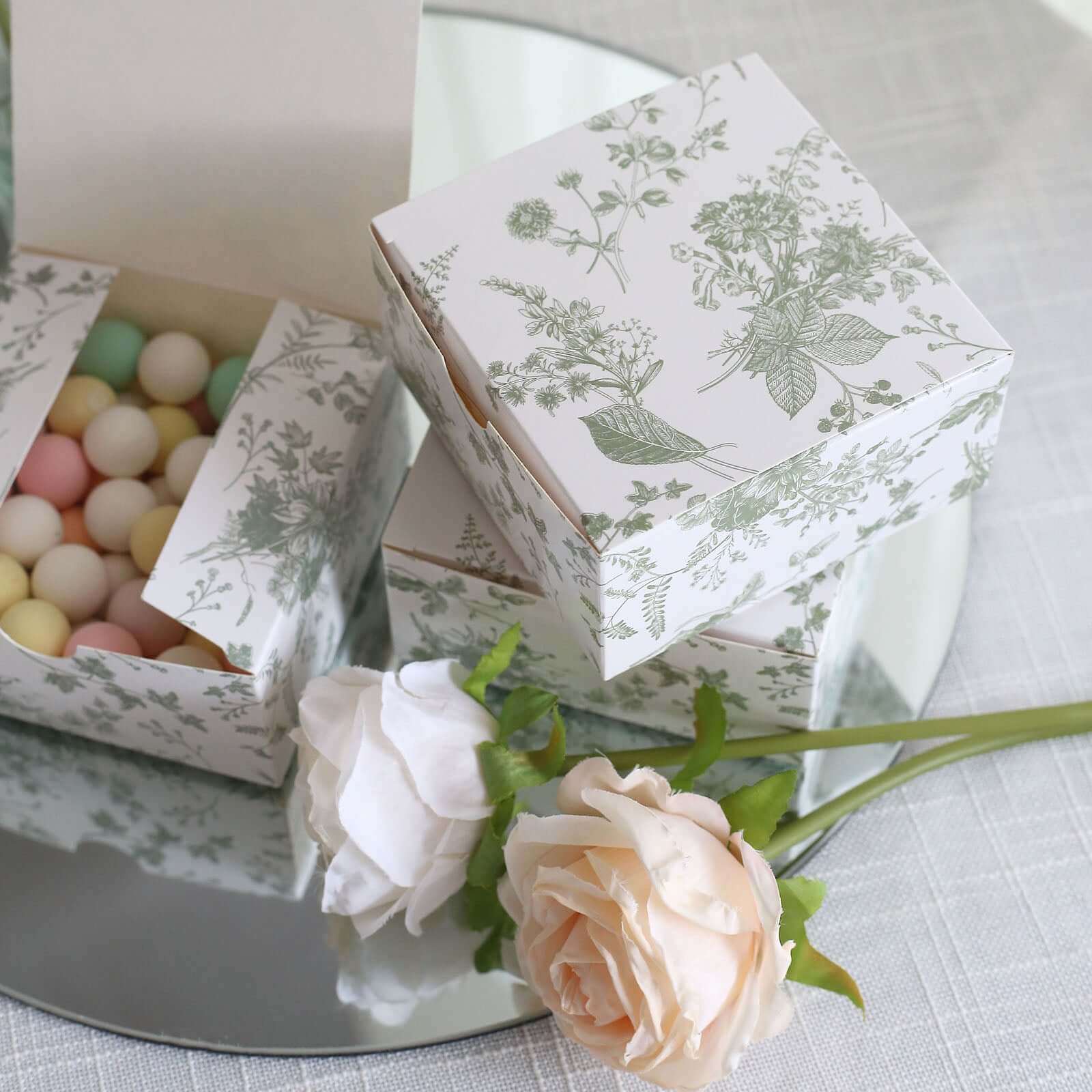 25 Pack White Sage Green Paper Gift Boxes in French Toile Pattern, Cardstock Party Shower Candy Favor Boxes - 4"x4"x2" - Image 2