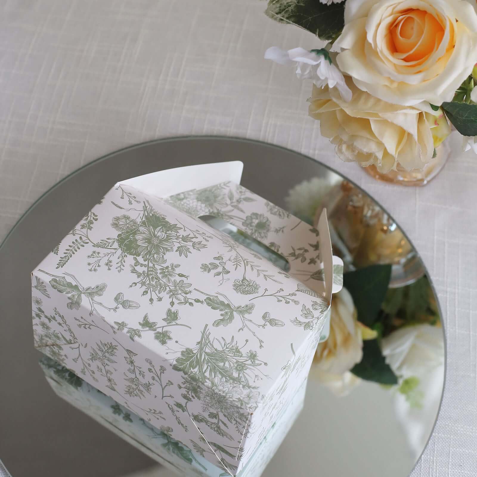 25 Pack White Sage Green Party Favor Gift Tote Gable Boxes in French Toile Pattern, Candy Treat Boxes - 6"x3.5"x7" - Image 5